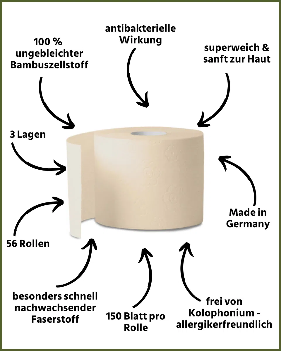 œcolife Toilettenpapier Box Bambus, 3-lagig, 27 Rollen, 250 Blatt pro Rolle, vegan, plastikfrei verpackt, aus 100% Bambus-Zellstoff, super sanft und weich, ohne Kolophonium | 100 % Bambus