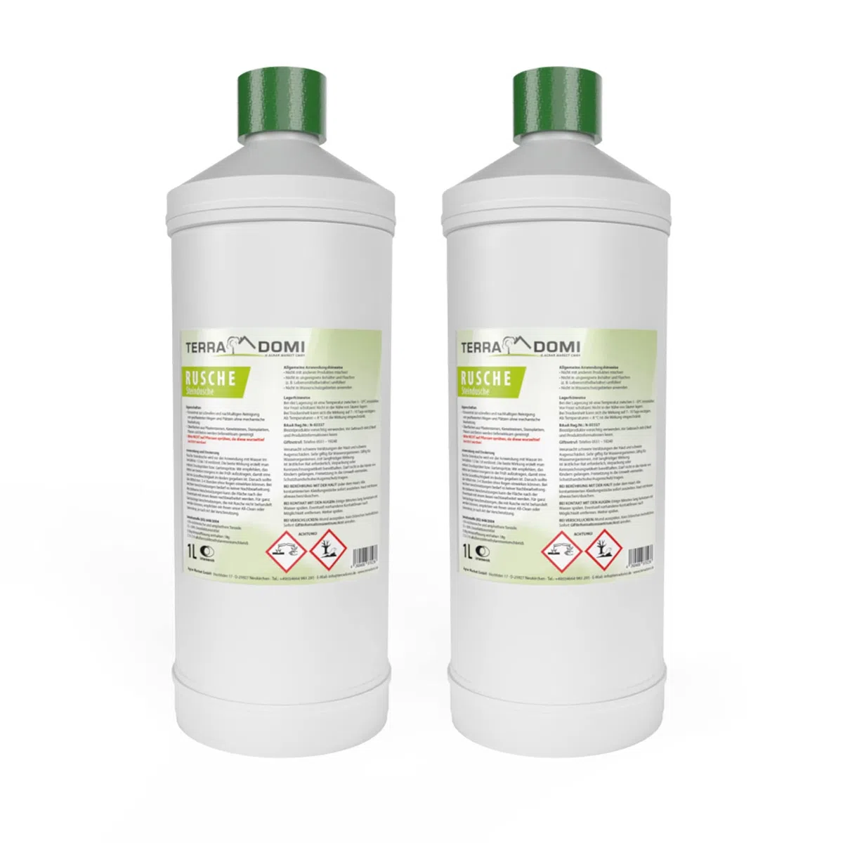 TerraDomi Rusche Steindusche, 2 x 1L, Steinreiniger für bis zu 800 m², Reinigungsmittel für saubere Wege & Plätze, Wegerein, biologisch abbaubar
