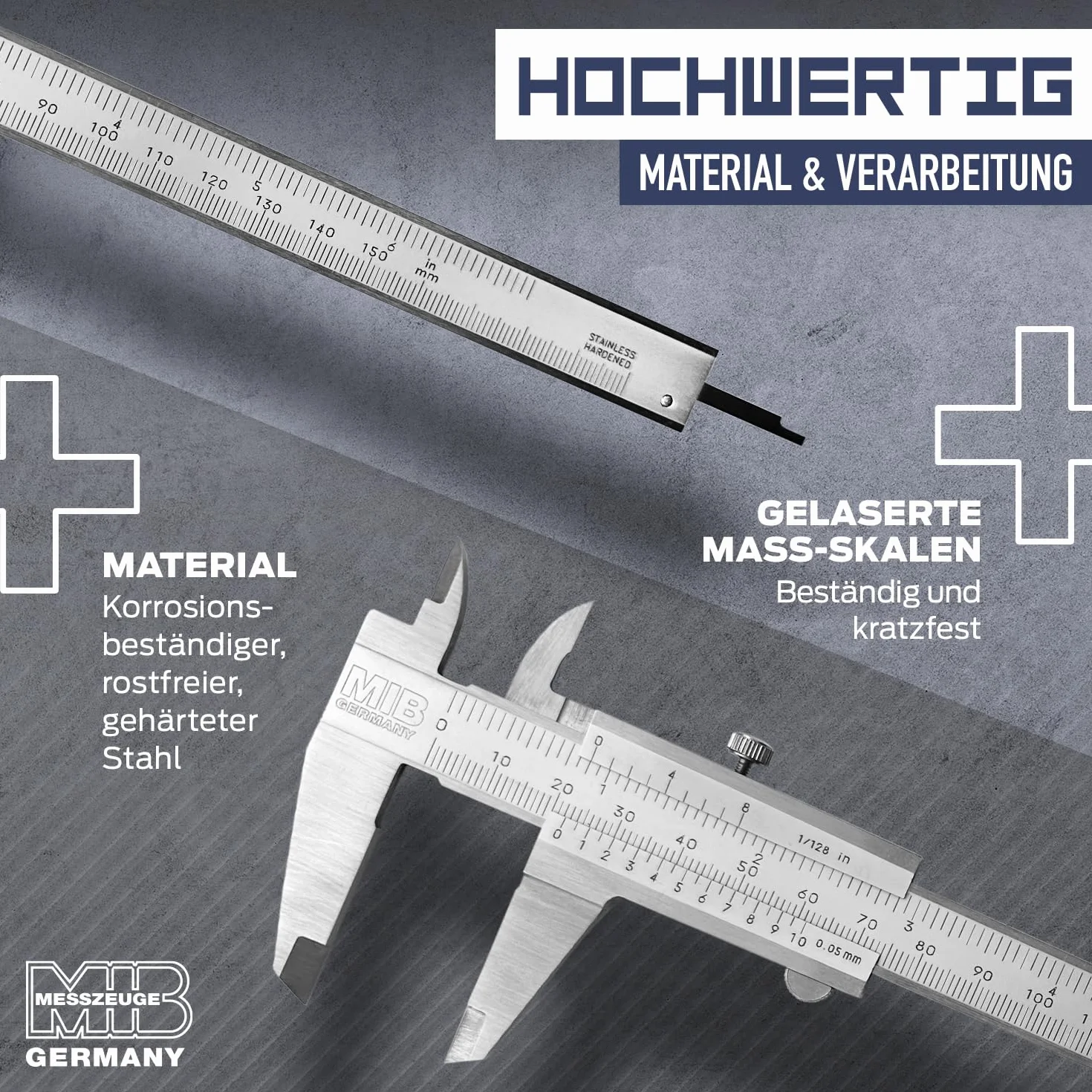MIB Messschieber mit Feststellschraube DIN 862 150mm | Schieblehre rostfreier Stahl | Analog Messschieber | Schublehre mattverchromt | Präzisions-Messgerät für 4-fach Messung | Messwerkzeug