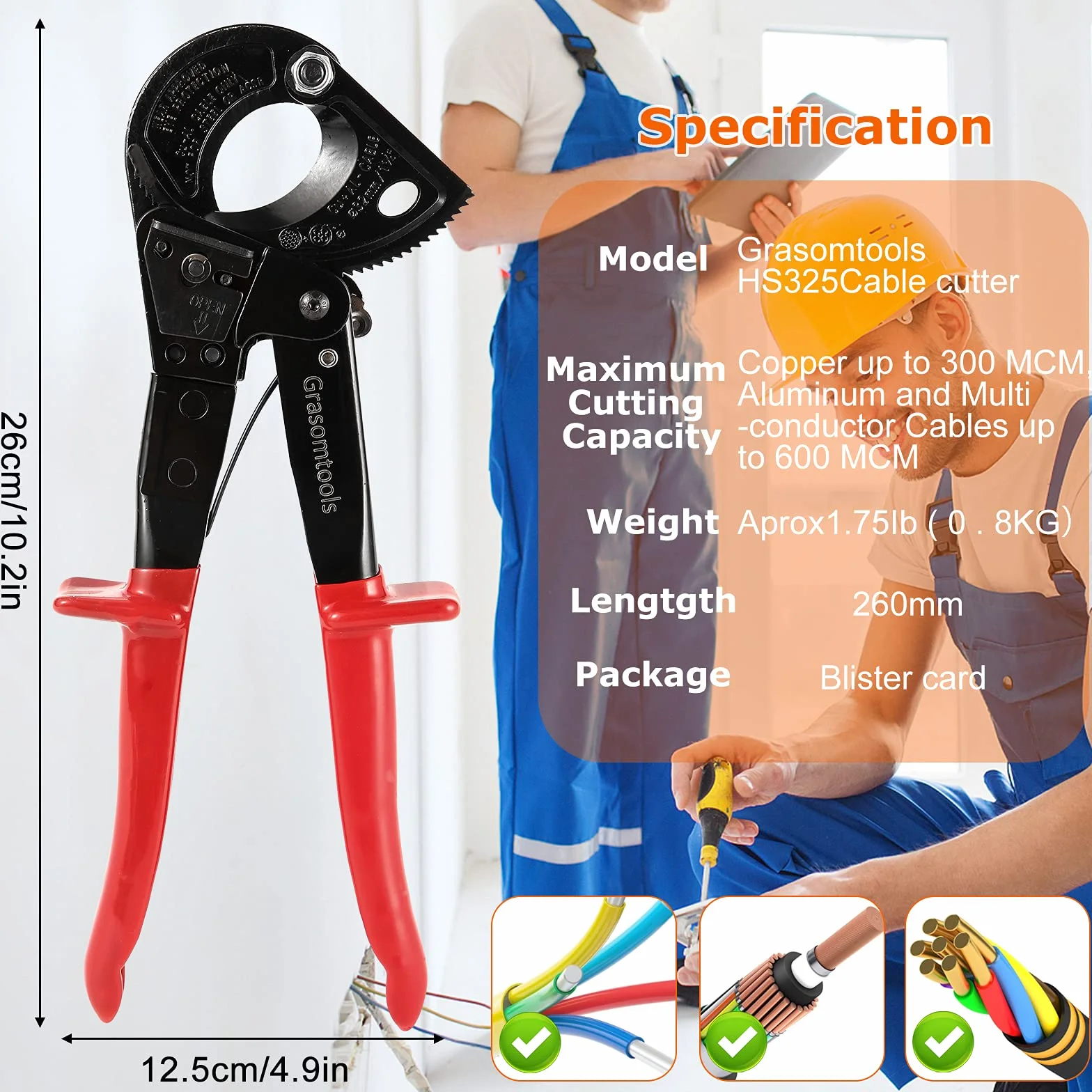 Ratschen-Kabelschneider, Ratschenschneider und Drahtkabelschneider, schneidet bis zu 240 mm², HS325A robuster Aluminium- und Kupfer-Ratschen-Kabelschneider