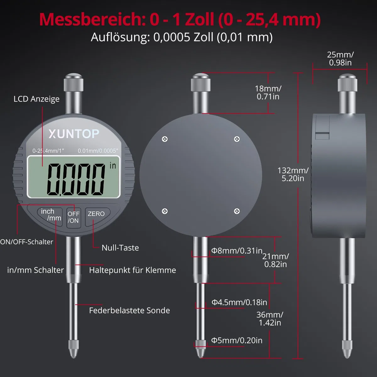 XUNTOP Digitaler Messuhr DTI Digital Dial Indicator 0,01/.0005'' Messbereich 0-25,4 mm (0-1'') für mechanische, industrielle & Laboranwendungen