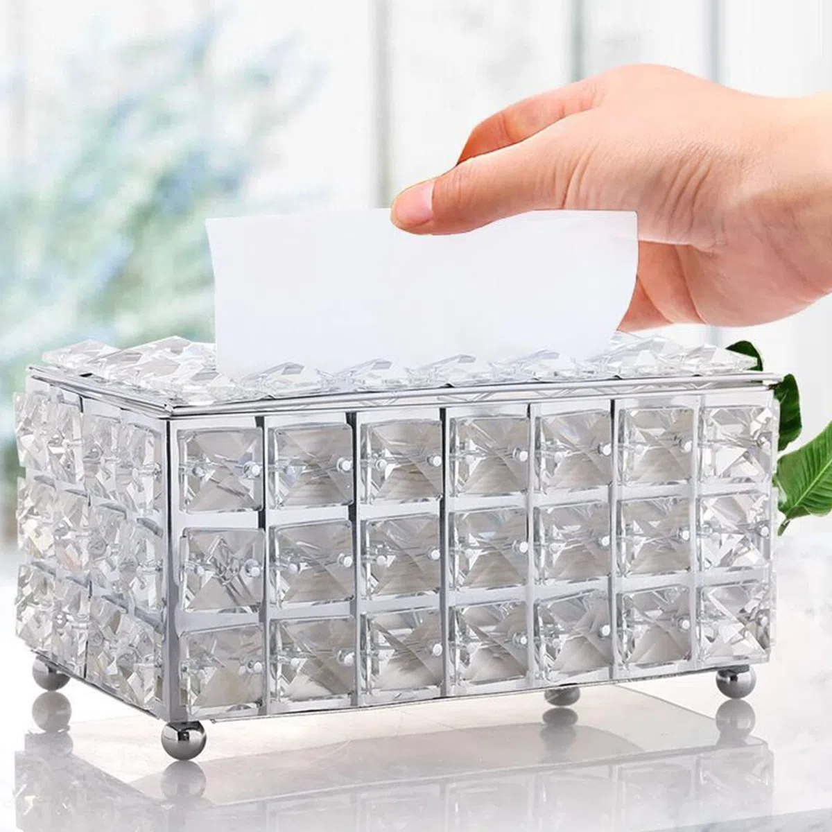 Kristall-Taschentuchbox-Halter, silberfarben, luxuriöser Taschentuchspender aus Metall mit Kristallakzenten, moderner Organizer für Wohnzimmer und Badezimmer