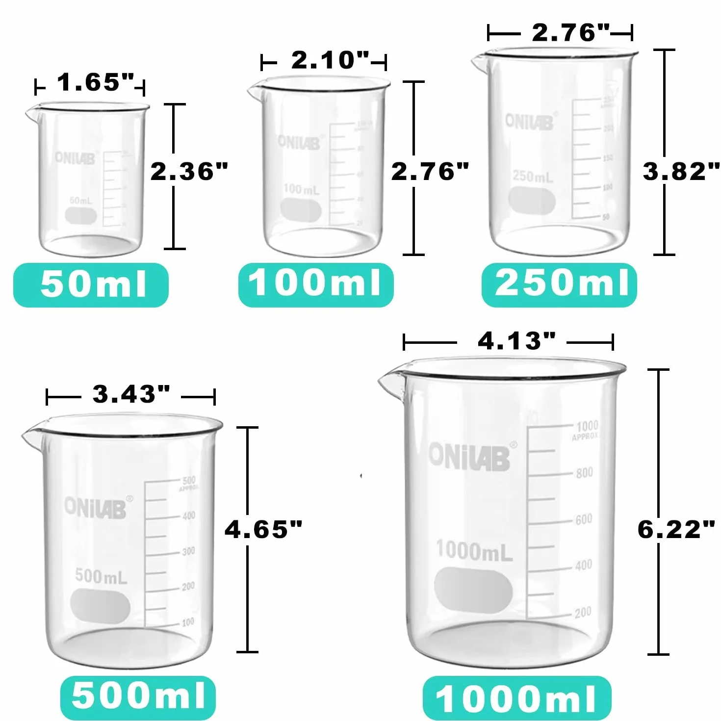 ONiLAB Glasmessbecher-Set 50 ml 100 ml 250 ml 500 ml 1000 ml (5er-Pack) 3.3 Boro Griffin Low Form mit bedruckter Graduierung Wissenschaftliche Glaswaren für Labore, Klassenzimmer oder den Heimgebrauch