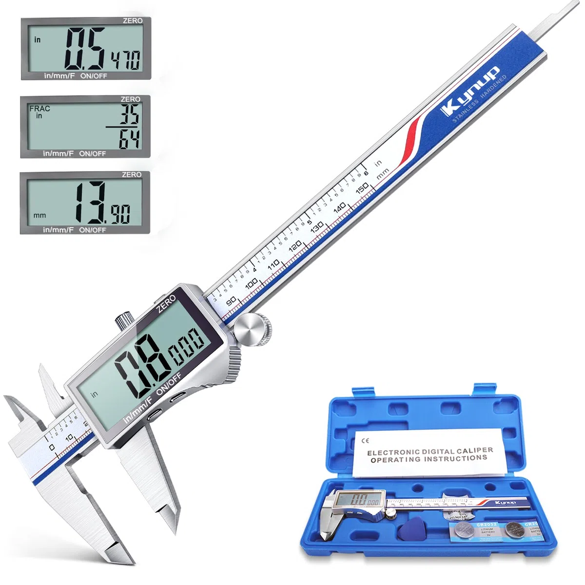 Kynup Digitaler Messschieber mit LCD-Bildschirm, 150mm Digitale Schieblehre Edelstahl, Spritzwassergeschützt, Millimeter/Zoll/Fraktion Umwandlung, Metall Messschieber Digital, Großer Vollbild