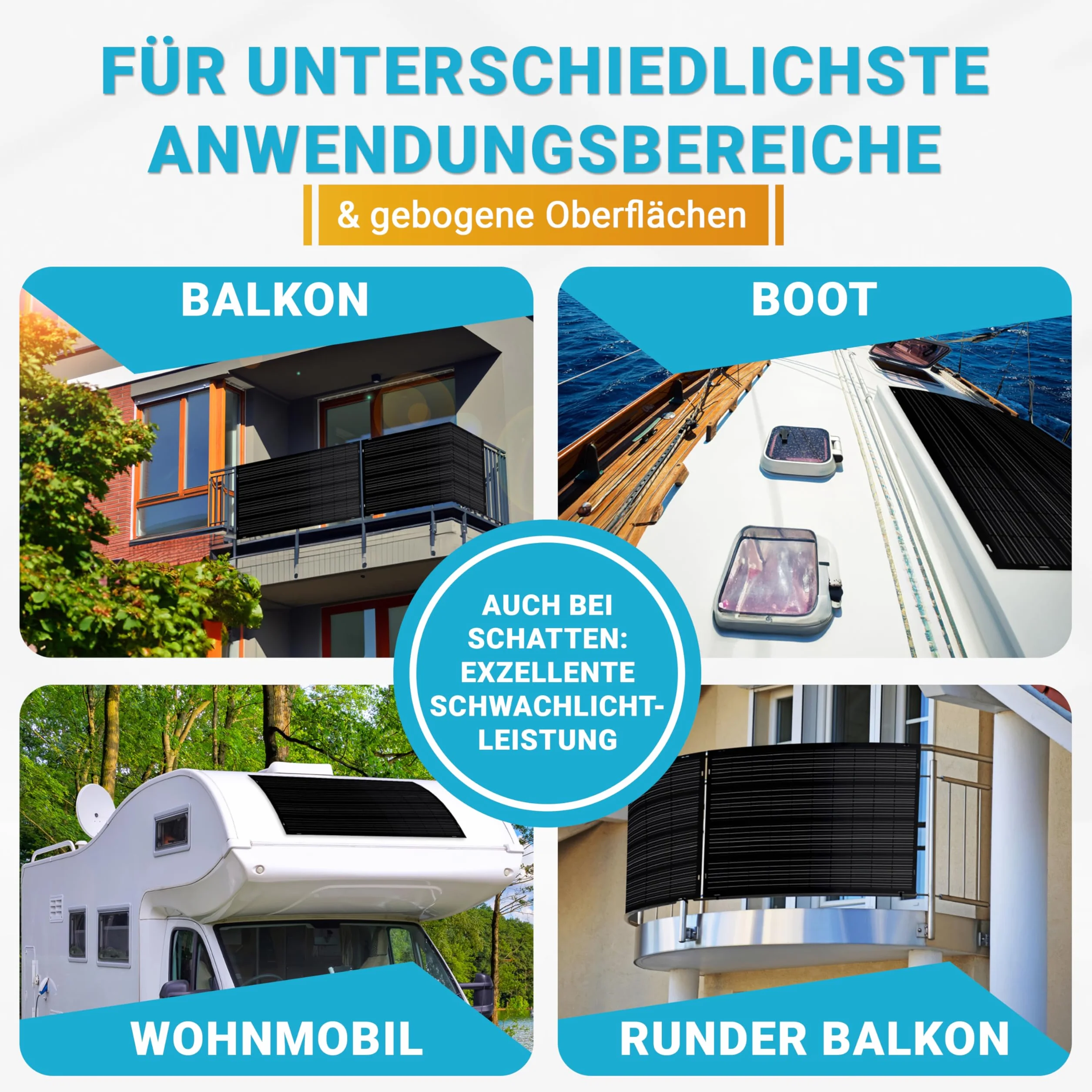 doitBau - Flexibles Solarpanel 200 Watt Full-Black mit Befestigung DB200FLEX I Anschlussbox vorne I Solarmodule für Balkonkraftwerk, Camping, Boot I Mit 19,5% Wirkungsgrad I Solarmodul begehbar