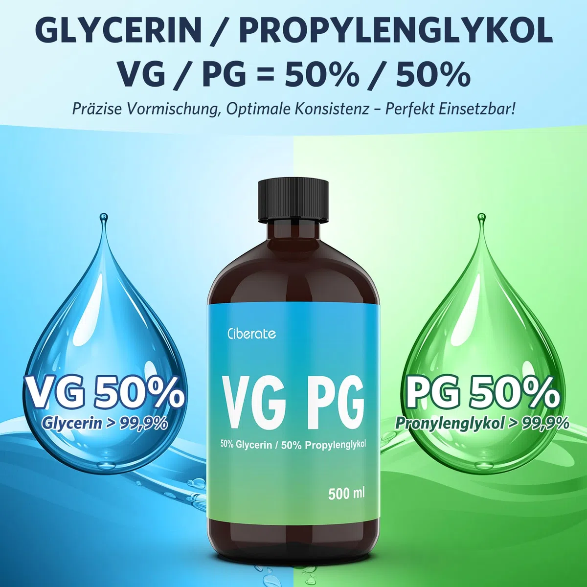 2 x 500ml 50% VG Glycerin / 50% PG Propylenglykol - Vegan, Pflanzlich, Pharmazeutische Qualität, Premium Hochreines VG/PG-Gemisch, 0% Zusatzstoffe