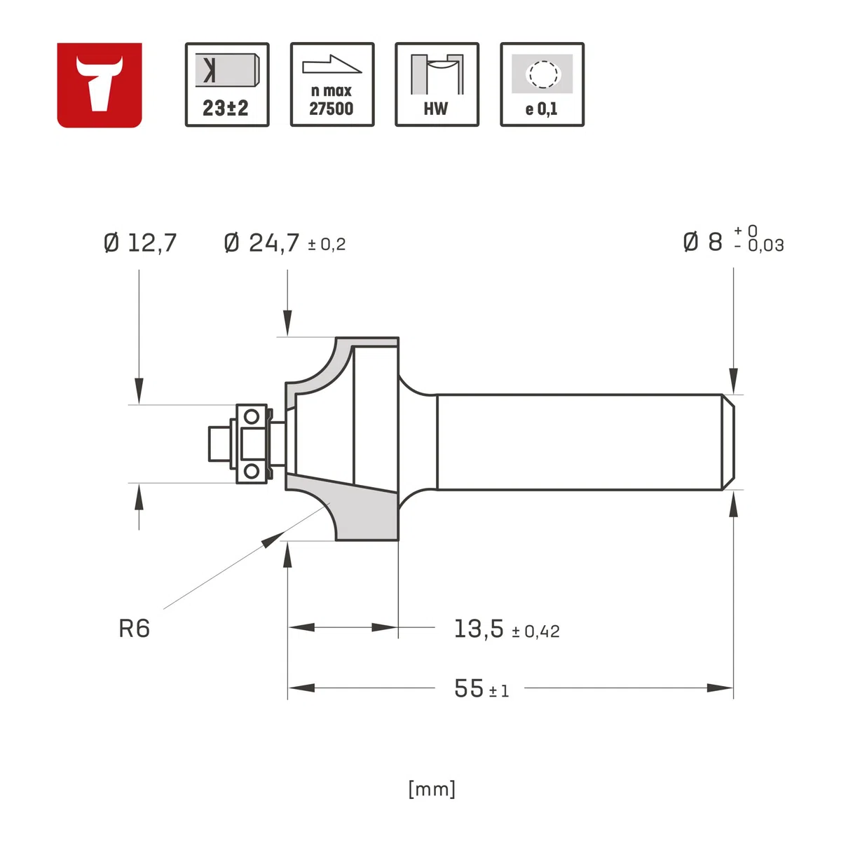 Abrundfräser mit Kugellager HM (HW) Ø 24,7 mm Schaft- Ø 8 mm