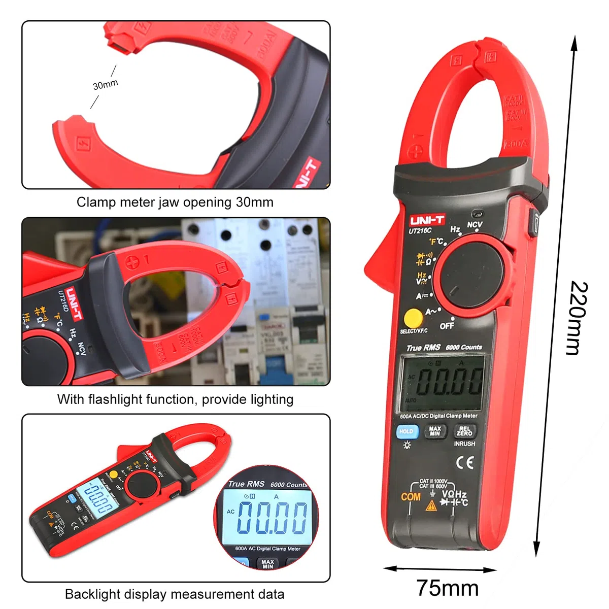 UT216C Digitale Strommesszange AC DC Strommessung Effektivwert Frequenz Kapazität Temperatur & NCV Tester