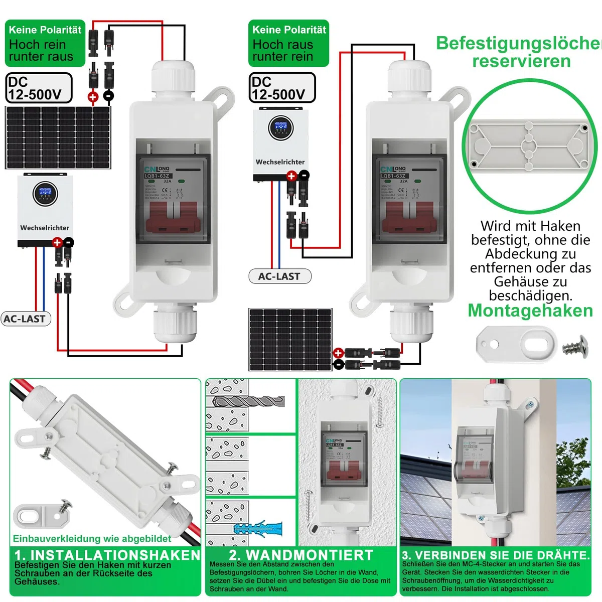 DC Trennschalter PV Anlage 32A 500V Sicherungsautomat 2polig IP65 Wasserdicht mit Kabel und Haken für Solarmodule Einspeisesteckdose Balkonkraftwerk