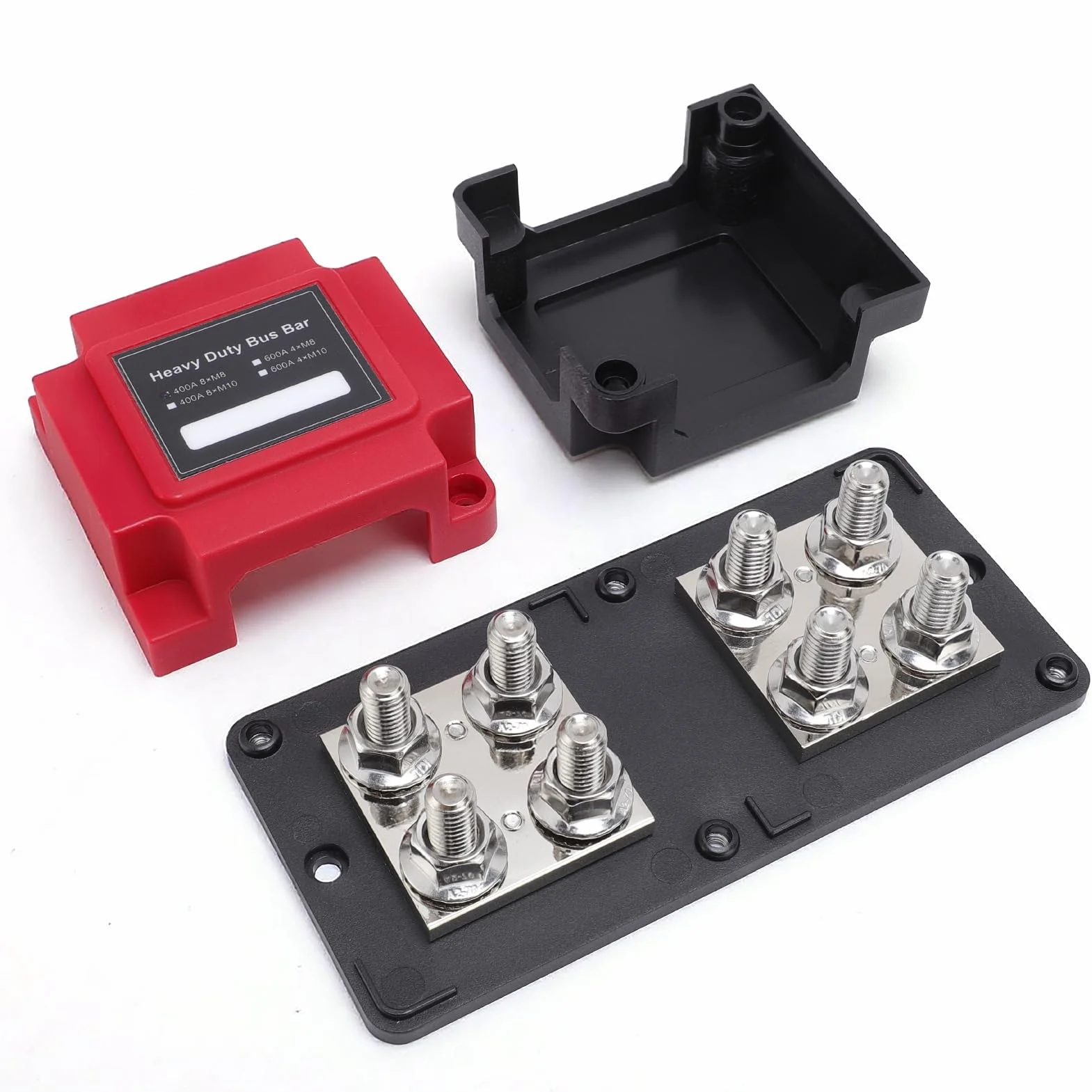 8x M8 Busbar Stromverteiler 12V 24V 48V DC 400A Batterieanschlussblock Hochstrom Verteilerleiste für Auto Wohnmobil Boot LKW Solaranlage Stromversorgung mit Rotem und Schwarzem Deckel