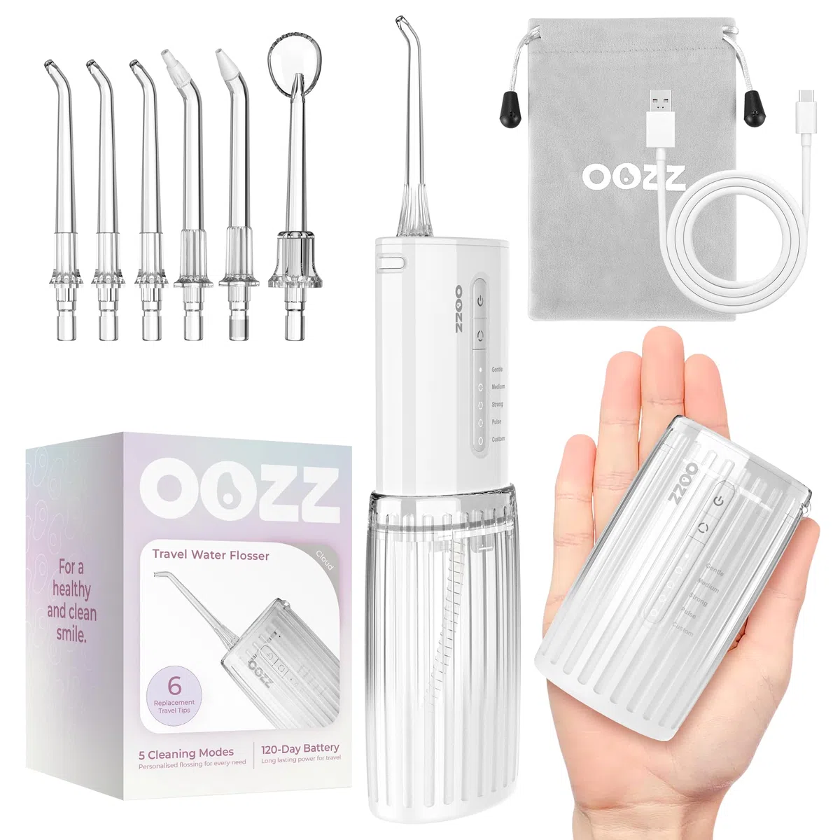 OOZZ Travel Water Flosser, Schnurlose Taschenmunddusche, 5 Druckmodi, 6 Strahlspitzen, USB-wiederaufladbar, kompaktes Design, tragbare Munddusche (Wolke) | USB-C-Ladefunktion, 5 Reinigungsmodi, 6 austauschbare Aufsätze, IPX8 wasserdicht, Kabellos & auslau