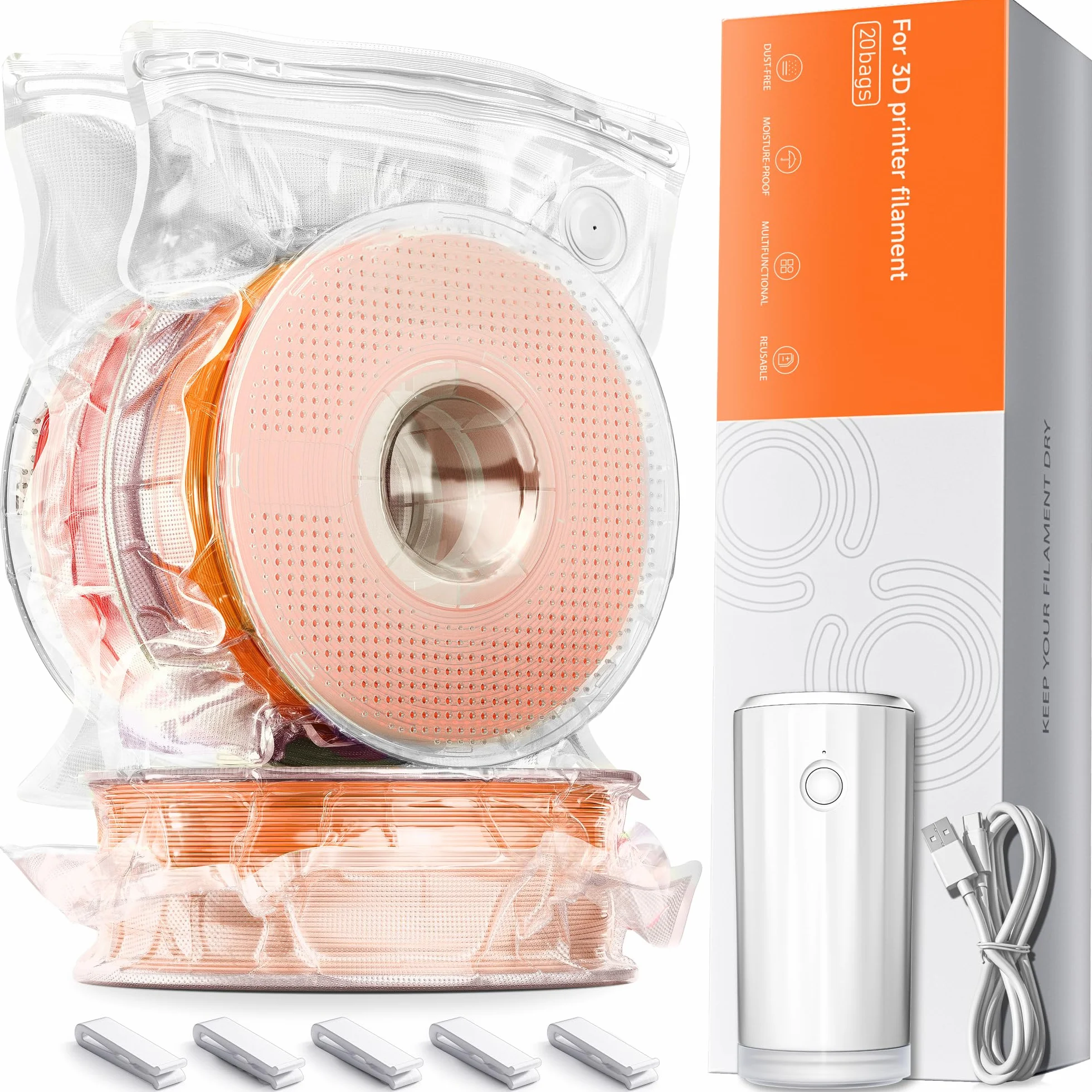 YOOPAI Vakuumbeutel-Kit für 3D-Drucker-Filament mit Automatischer Pumpe, 20 Extra Große Aufbewahrungs Beutel (38x33 cm) Kompatibel mit Bambu Lab 1.75mm Filament