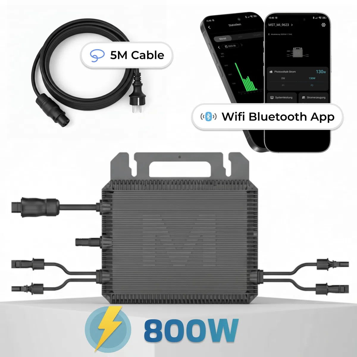 SUNNIVA 2000W Balkonkraftwerk BIFAZIAL FULLBLACK komplett Steckdose MARSTEK 800W Wechselrichter, PV Solaranlage, 4x 500W Glas Solarmodule, inkl. 5m Kabel, Bluetooth WIFI, Komplettset