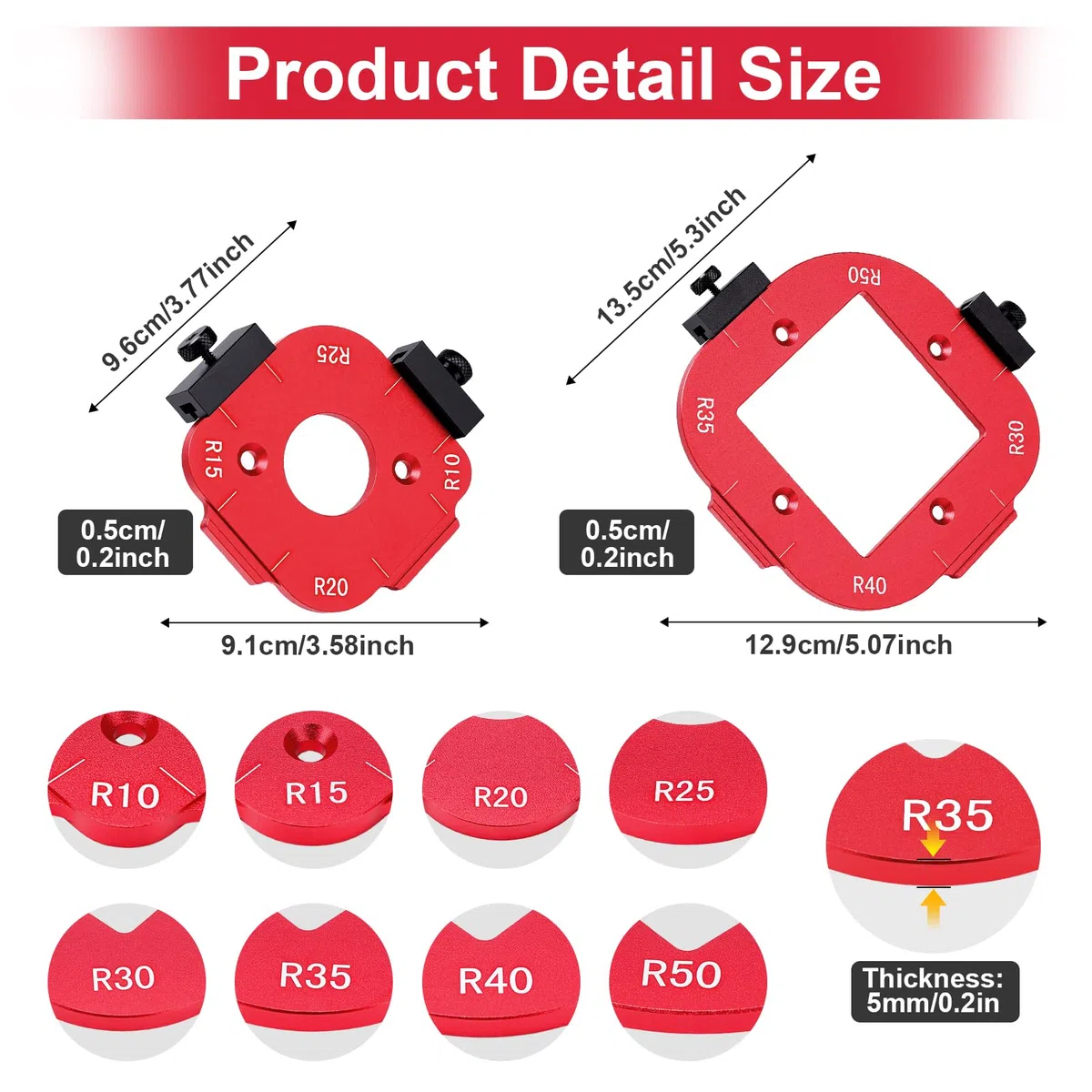 Frässchablone für Oberfräse, 2 Stück Radius Jig Router Schablone, Aluminiumlegierung Ecke Radius Schablone mit 4 Bündigfräser für Holzbearbeitung R10 R15 R20 R25 R30 R35 R40 R50