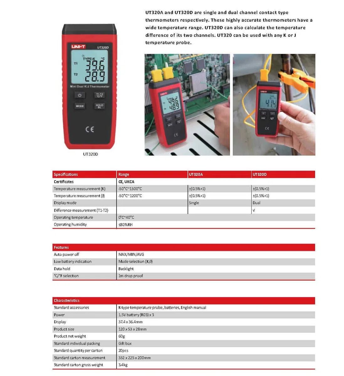 UNI-T Uni-trend Industrialthermometer UT320A Digital Thermometer : Mini Dual Thermocouple Typ K J High Temperature Meter -50℃ to 1200℃ Tester