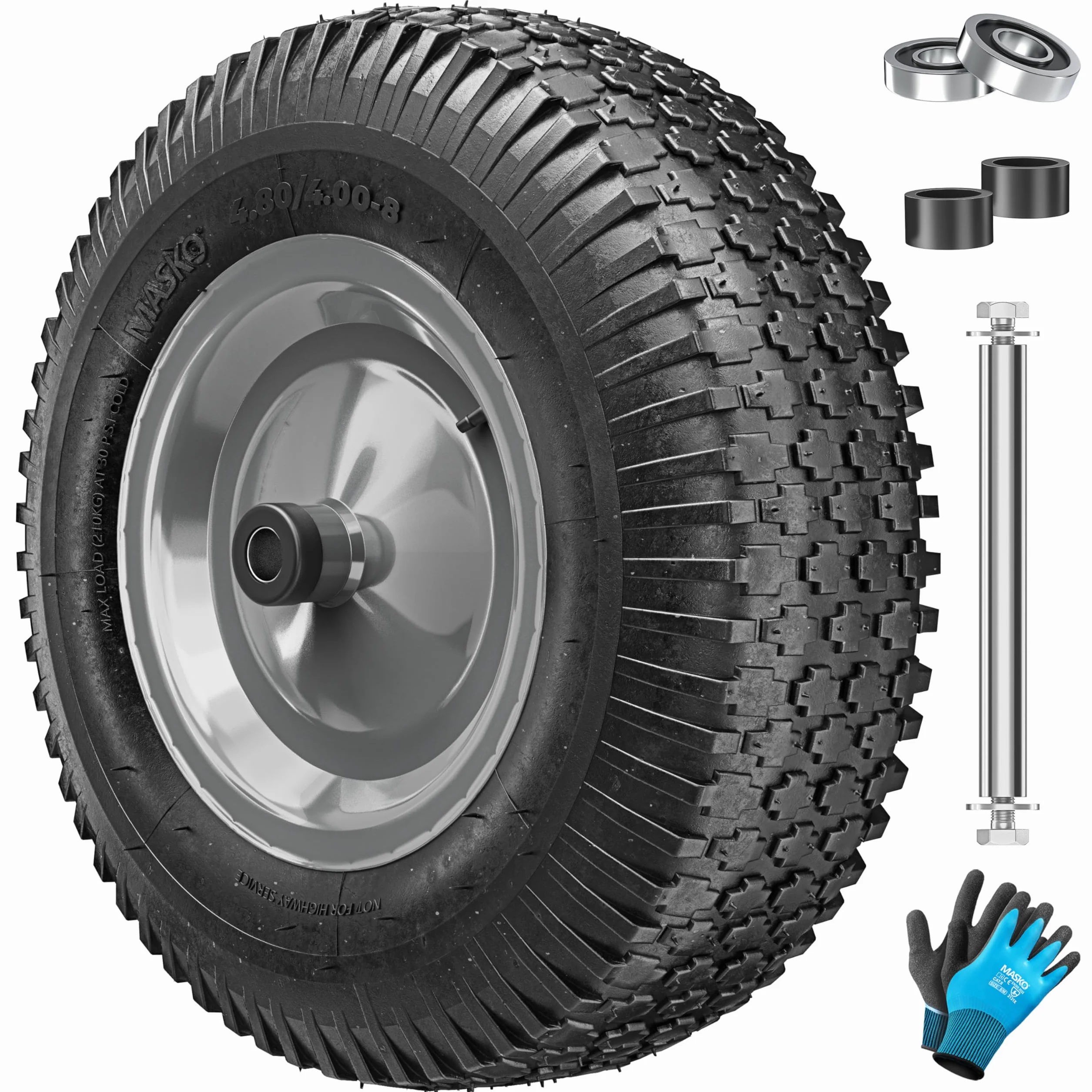 MASKO® Schubkarrenrad Luftbereifung 250kg Ersatzrad Luftreifen Schubkarre Gartenkarre 40cm / 15,6" extrabreit 9,5cm Luft-Rad pannensicherer Reifen mit Stahlfelge & Handschuhe Karbonstahl-Kugellager