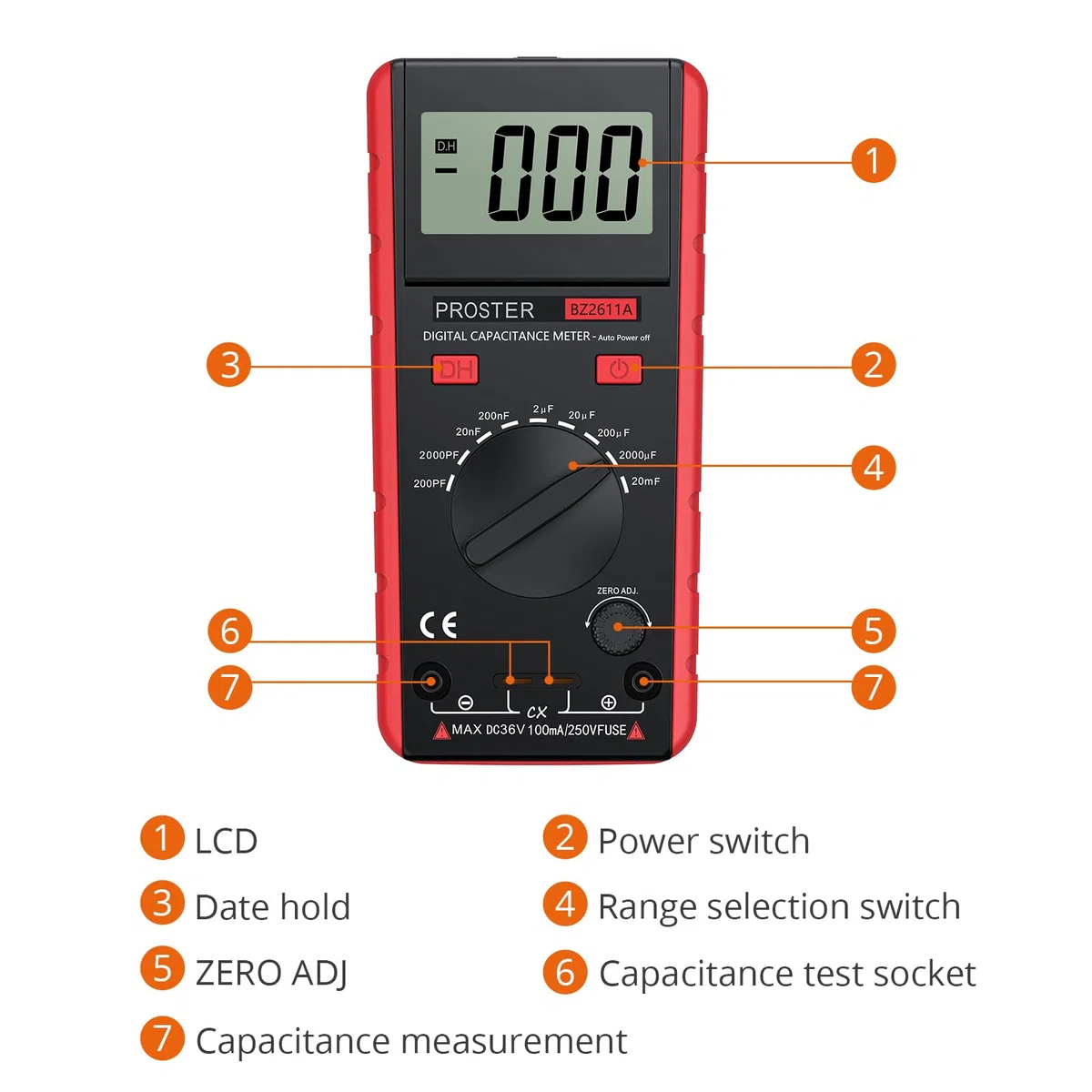 Proster Digitales Kapazitätsmessgerät 200pF-20mF Messgerät Kondensator Handmultimeter Tester für Anfänger mit drehbarer LCD-Anzeige