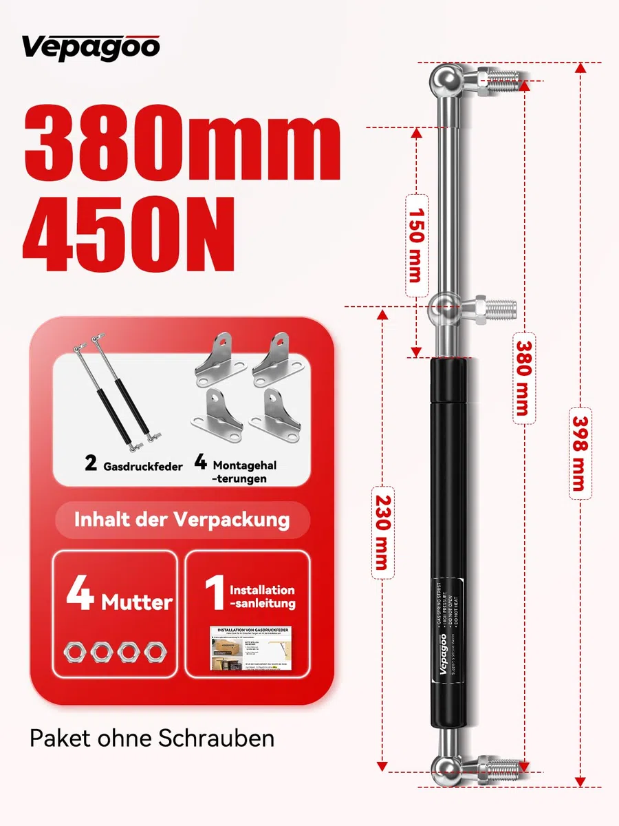 Vepagoo 380MM 450N/45KG Gasdruckfeder, 50CM Universal regelbar Schwerlast L-Typ Gasdruckdämpfer Hydraulisch Gasfeder für Bett Tür Deckel Schuppen Fenster und andere individuelle Anwendungen, 2er