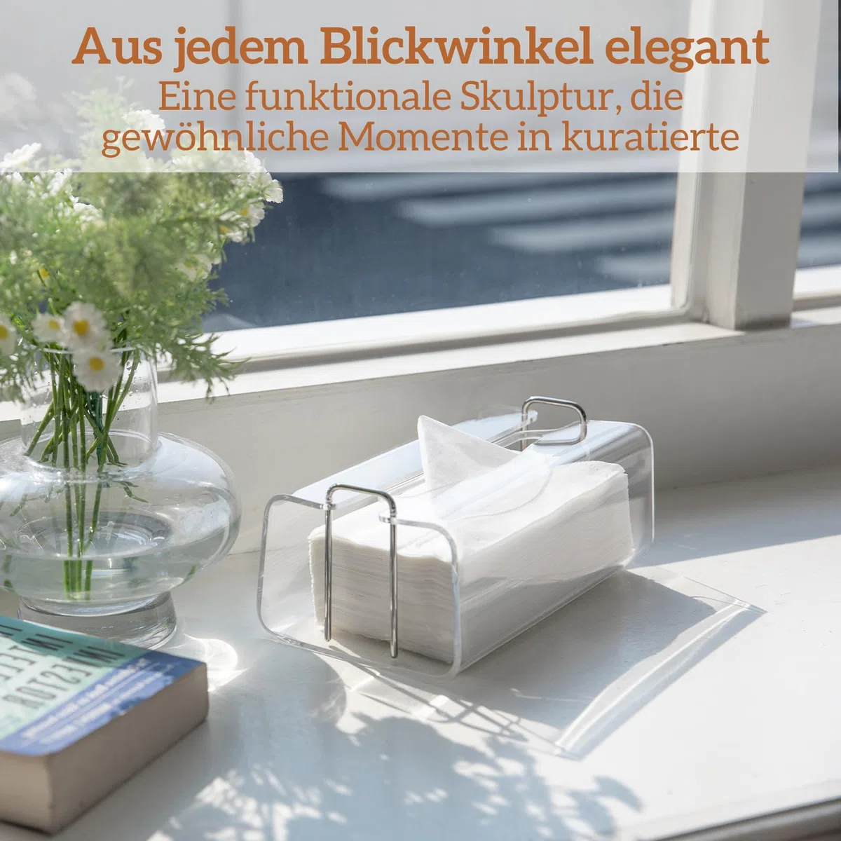 Acryl Kosmetiktücherboxen Rechteckig mit Geschwungenem Design - Dekorativer, Moderner, Kristallklarer Taschentuchspender mit Silbernen Metallakzenten für Wohn-/Büro-Deko