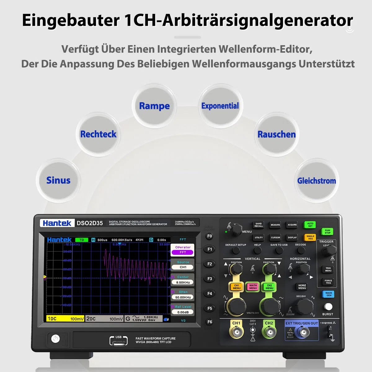 Hantek Oszilloskop, 2 Kanal 350 MHz Oszilloskop mit 2 GS/s Abtastrate, 1 CH Waveformgenerator, Ideal für Ingenieure, Hobbyanwender, Diagnose, Tests und Reparaturen (Hantek DSO2D35/350MHz)