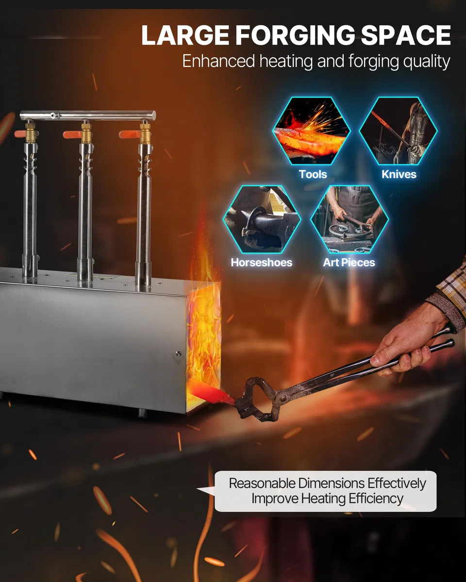 VEVOR tragbare Propangas-Schmiede mit 3 Brenner 1427 °C, Hufschmiede Schmiedeofen mit quadratischer Form, Edelstahl, Gasschmiedewerkzeuge und -ausrüstung, Schmelzofen Verwendung zum Metallschmieden