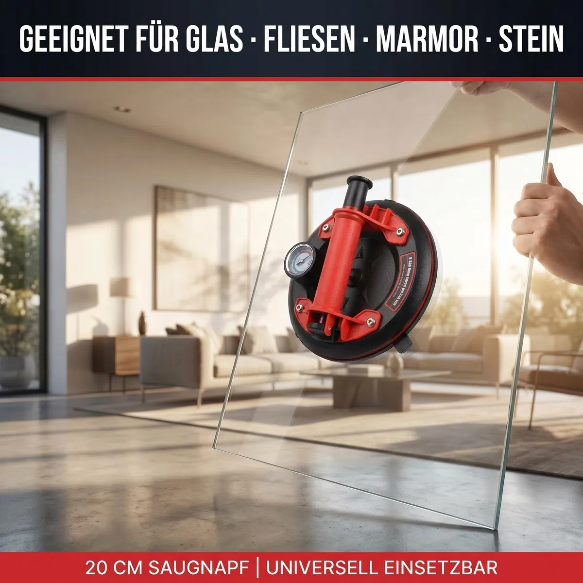 Saugheber Fliesen mit Manometer, Vakuum Saugheber Set, Fliesensaugheber | 200kg Tragkraft, 8 Zoll, Pump-Saugheber, Plattenheber für Fliesen, Glas, Feinsteinzeug, Granit & Fenster,mit Werkzeugkasten