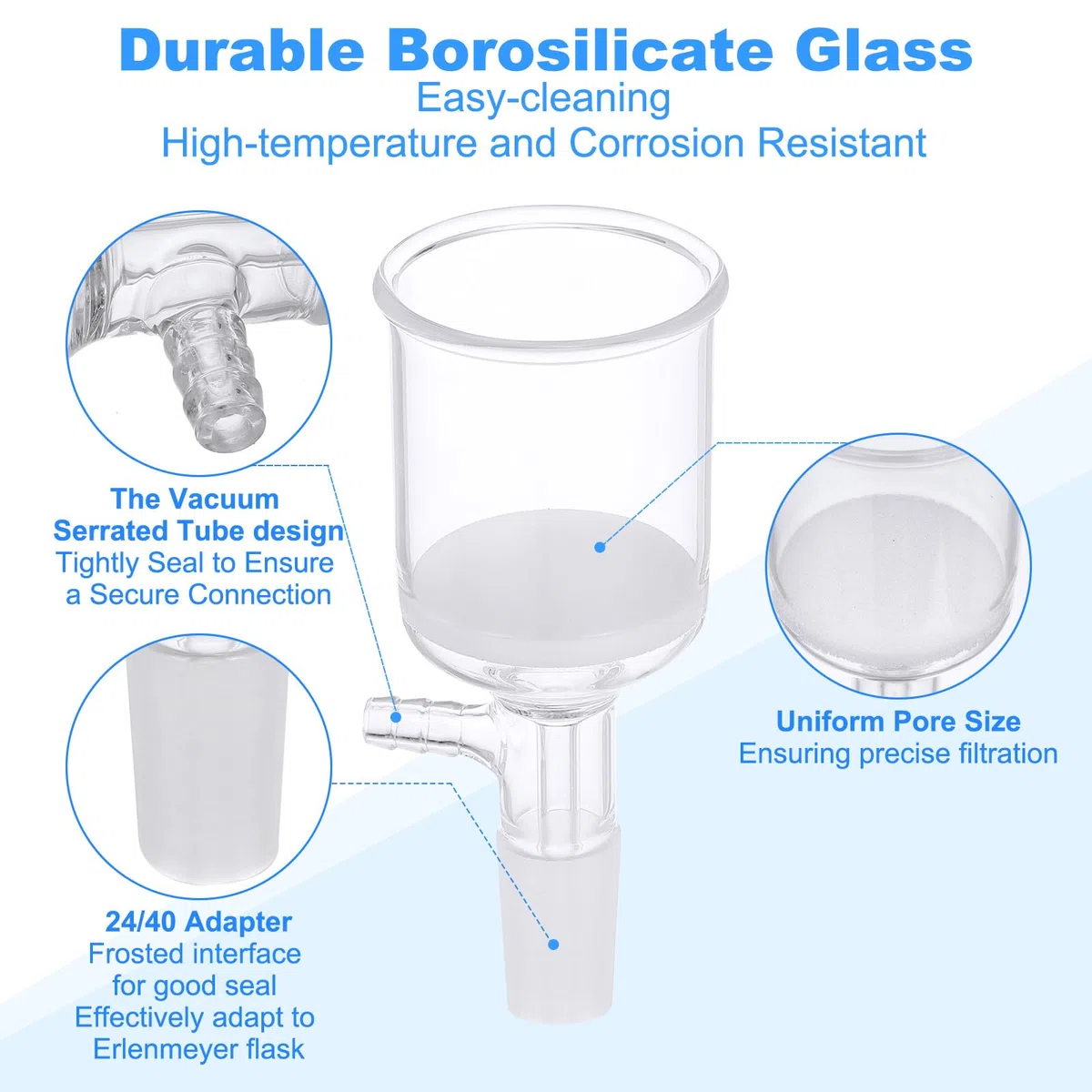 PATIKIL Buchner-Trichter, 100ml Borosilikatglas Buchner-Filtertrichter mit Feiner Fritte (G1), 24/40 Standard Kegel-Innenanschluss für Labor, Experiment, Klar, 55mm ID, 64mm Tiefe