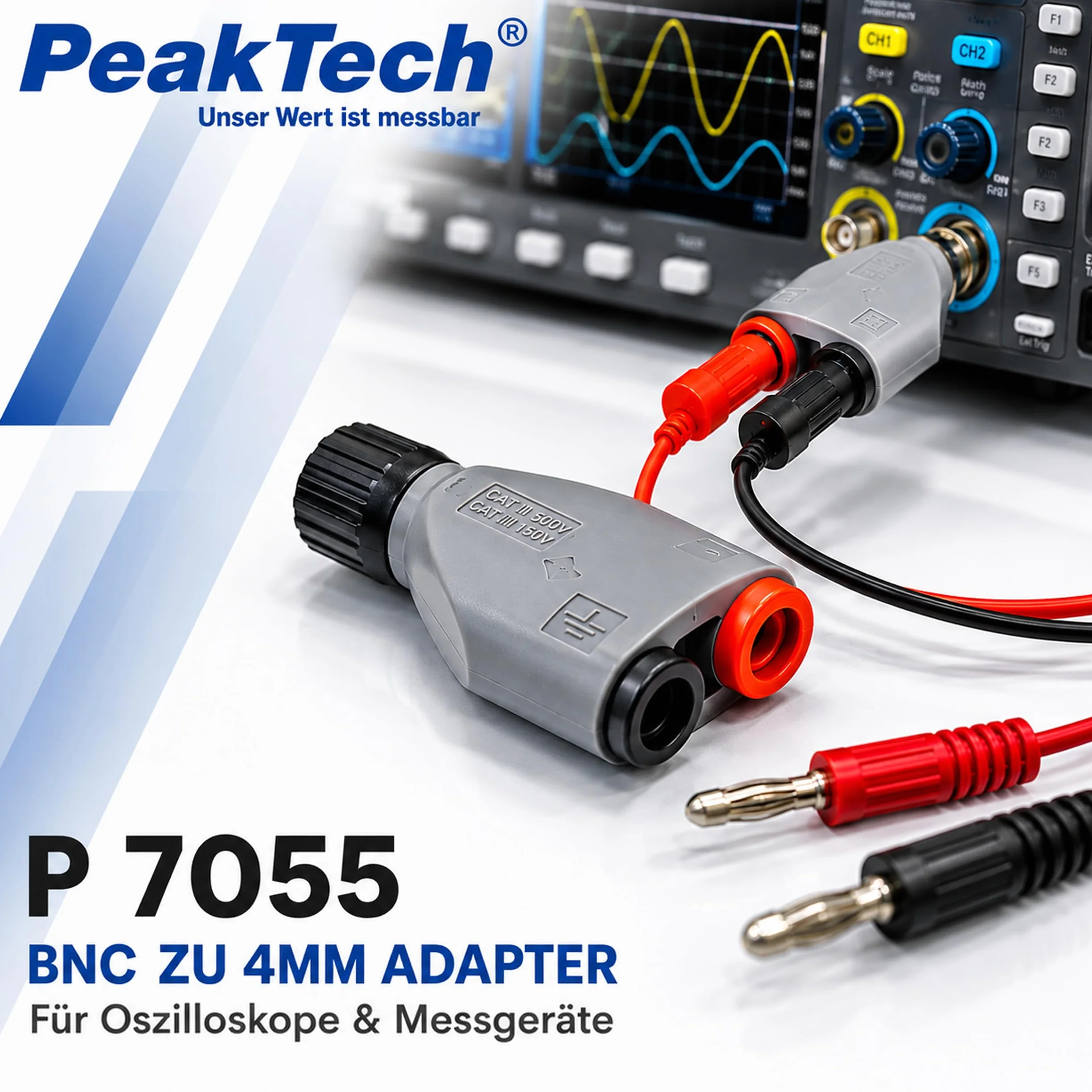 PeakTech 7055 - BNC zu 4mm Adapter Stecker für Oszilloskope, berührungssicher