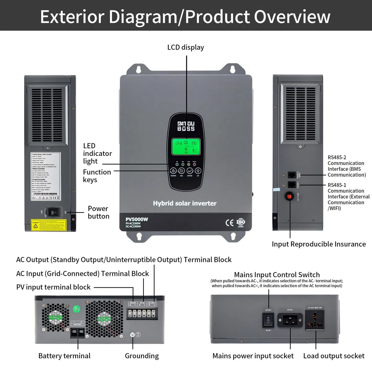 DATOUBOSS 3300W 24V Hybrid Wechselrichter Reiner Sinus, 120A MPPT 5000W PV, 24V auf 230V, Off-Grid Solar Inverter, BMS kompatibel, für Blei- & Lithium-Batterien