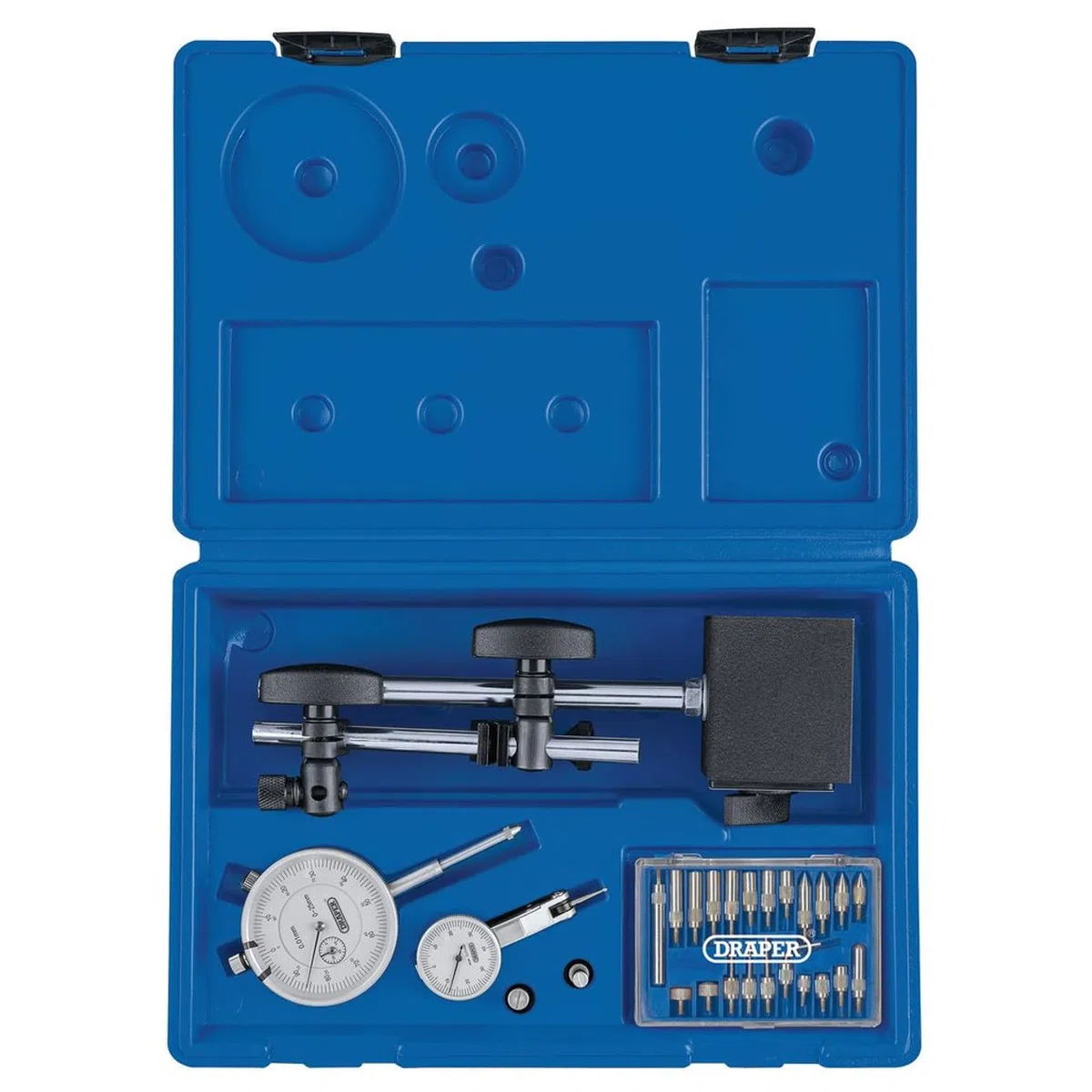 Draper Metrisches Messuhren -Set, 0,01 mm, technisches DTI -Messuhren-Set mit Messstift und Taster, magnetischem Ständer und Zubehör im Aufbewahrungskoffer
