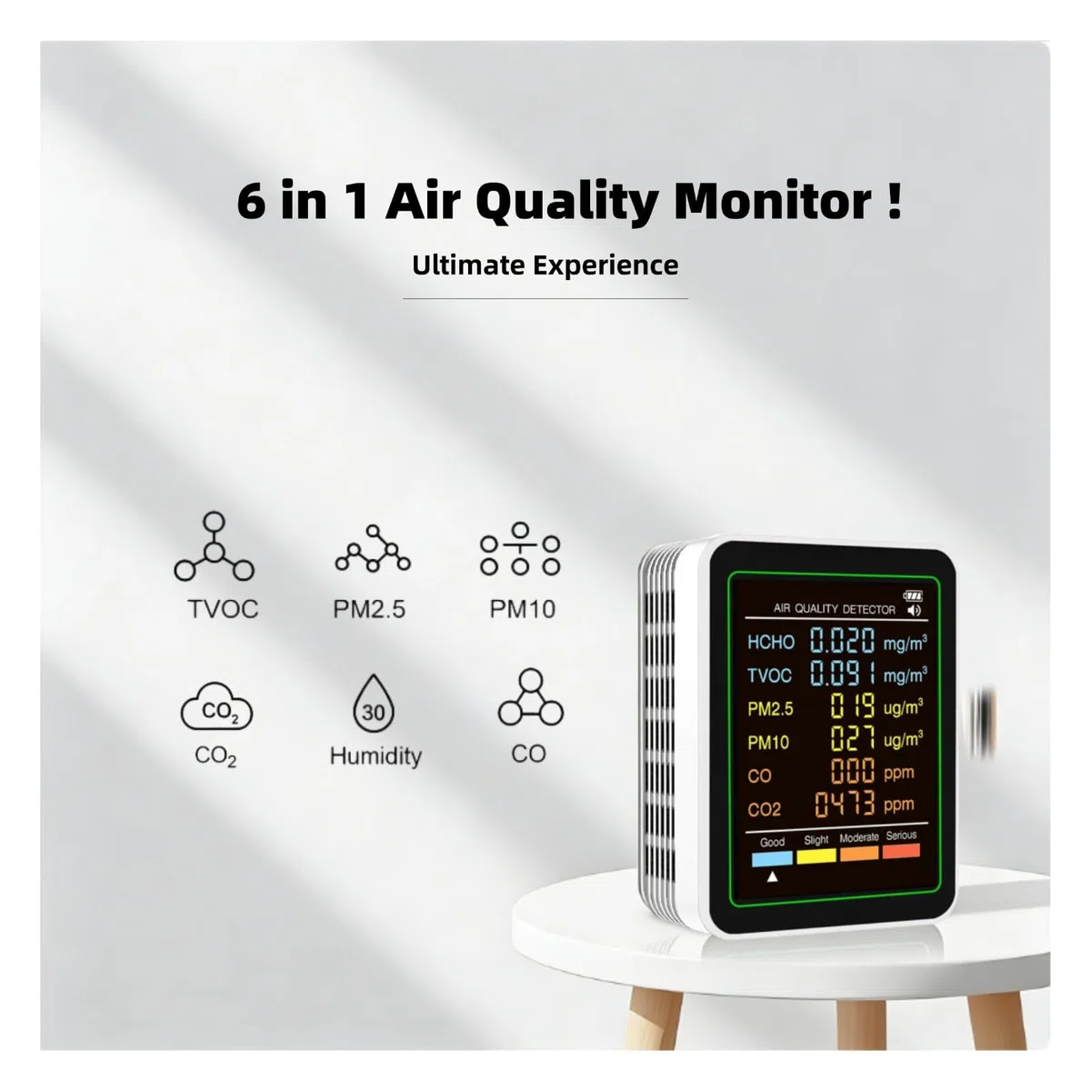 Cuifati 6 in 1 Professioneller Innenluftqualitätsmonitor Tragbarer CO2-Monitor für den Innenbereich |HCHO |CO-Monitor |TVOC |PM2,5 |PM10 |- Monitor für Saubere Luft in Geschlossenen