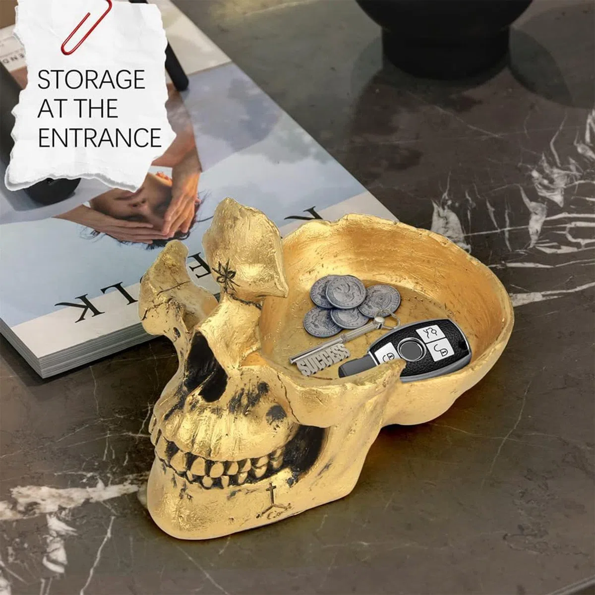 Gold Totenkopf-Brillenhalter Kreativer Schädel Sonnenbrillen Ständer 3D-Skelett Brillen-Organizer mit Schmuck Schale,Brillen Halter Display Ständer für Zuhause, Büro, Schreibtisch, Nachttisch