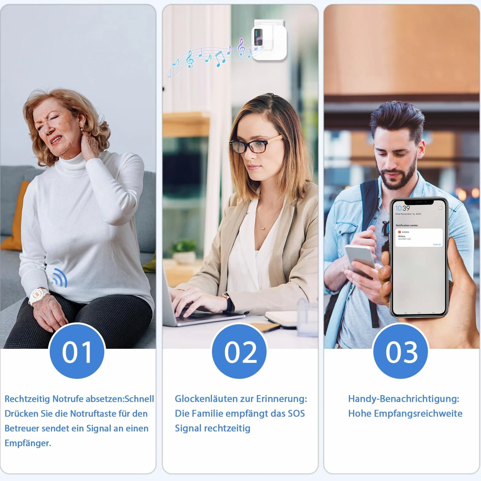 DAYTECH Notrufknopf für Senioren auf Handy, WiFi Tuya Smart Senioren Notfallknopf Alert System, Hausnotruf für ältere Patienten Behinderte,Kinder SOS Notruf(2 Schwarze Empfänger+1 Armband+2 Tasten)