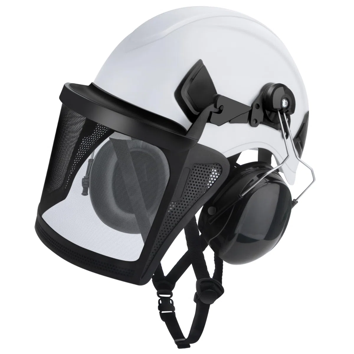 Forsthelm Helmet,Kettensägen-Sicherheitshelm,4-in-1 Kettensägen-Schutzhelm mit Gehörschutz Ohrenschützer und Gesichtsschutz Visier,Industrie Helm Schlagfeste Bequeme Belüftung Arbeitshelm -Weiß