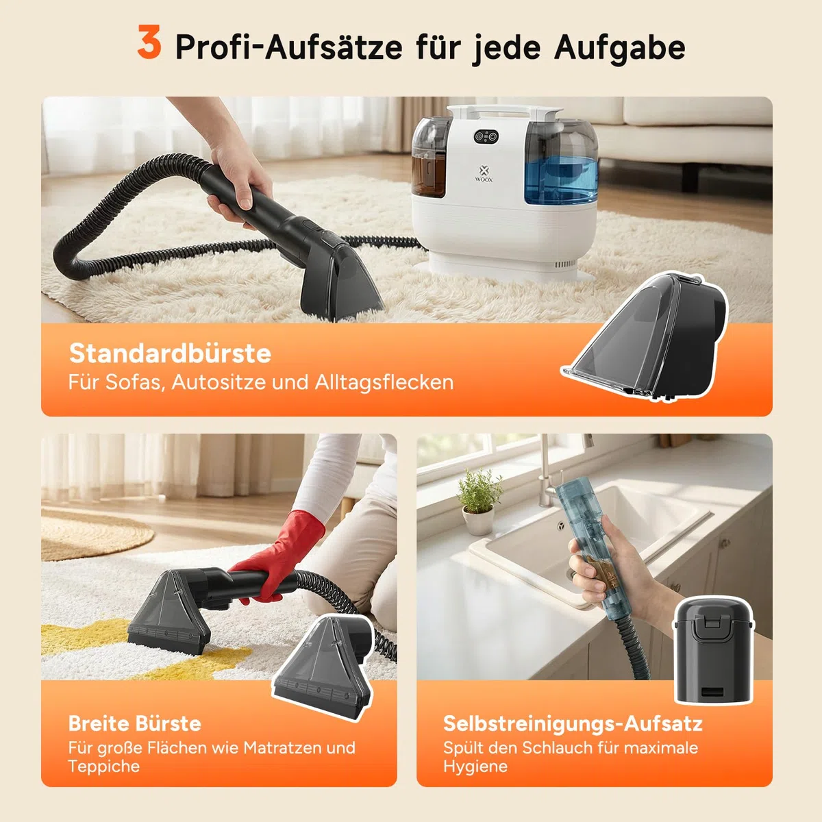 WOOX Nasssauger Polsterreiniger Gerät mit Dampf & Heizfunktion, 15Kpa Hochleistungs-Teppichreinigungsgerät mit Zubehör 2 in 1 Polster-Dampfreiniger für Haustiere, Autos, Flecken, Haushalt