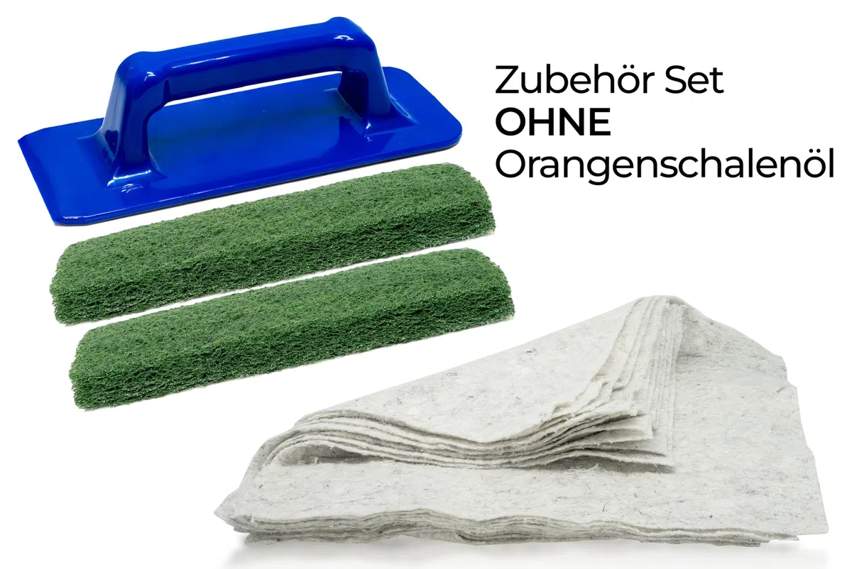 Orangenschalenöl Set - Natürliches Lösungsmittel gegen Überölung | Inkl. Ölsaugtücher & Schleifpad | Für Holzpflege, Reinigung & Verdünnung (Zubehör-Set)