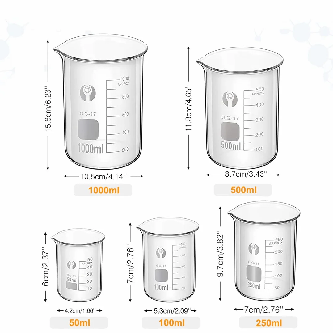 Borosilikatglas Bechergläser Set, JESSTOLO 5 Stück Dickglas Graduierten Becherglas mit Klare Ausguss 1000ml 500ml 250ml 100ml 50ml mit 2 Waschbürste, für Labor Forschung Medizin