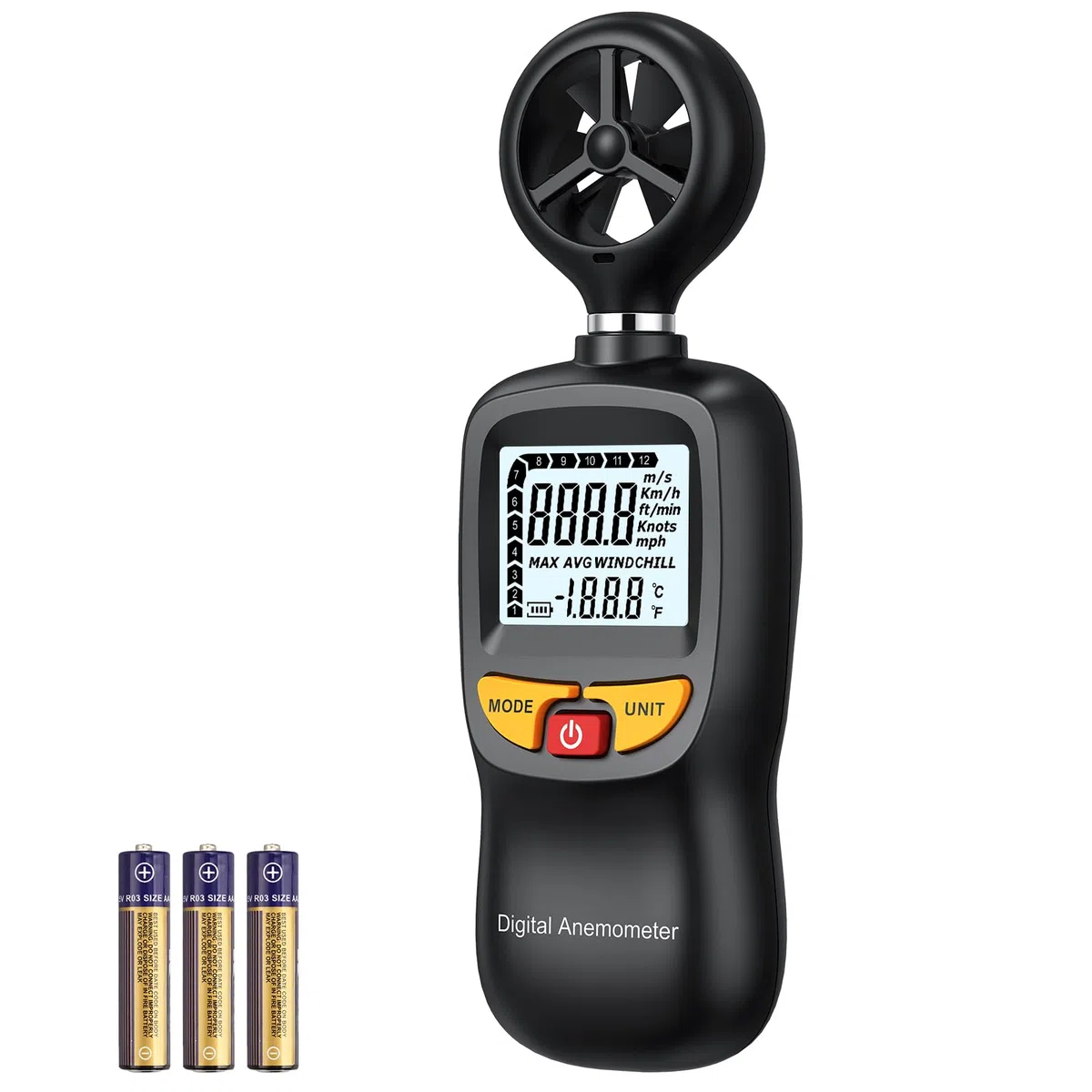 Handanemometer Digital Mini Windgeschwindigkeitsmesser mit LCD Hintergrundbeleuchtung, Luftstrommesser mit Temperatur & Windchill, Max/AVG Modus für HVAC Segeln Drohne Golf
