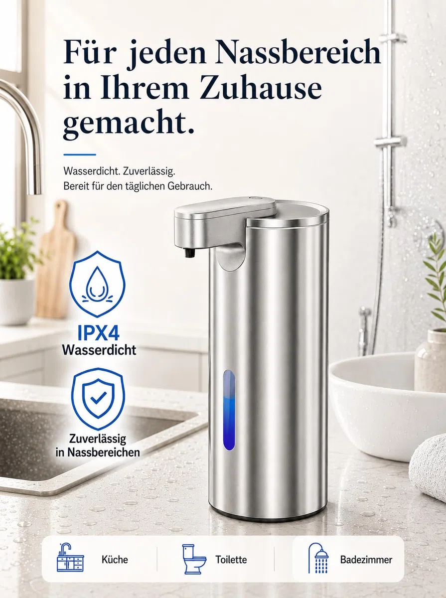 Fantictas Seifenspender Automatisch Edelstahl, USB-C, 3 Dosierstufen | Berührungsloser Sensor, 2000mAh USB-C Akku,IPX4 Spritzschutz, SUS304 Edelstahl für Bad Küche Büro，Flüssigseife