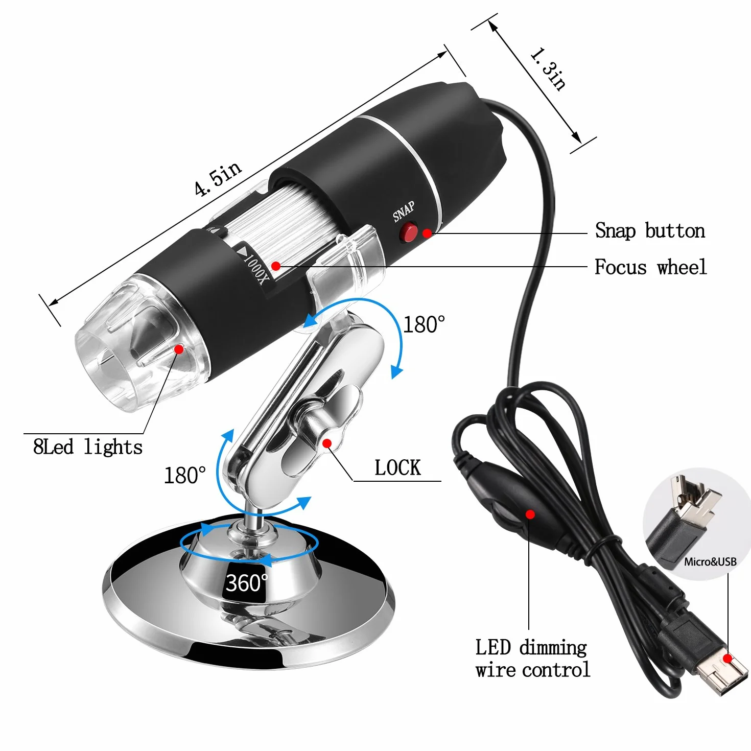Jiusion Original 40-1000X USB Mikroskop mit tragbaren Tragetasche, Digitale Vergrößerung Endoskop Mini Kamera 8 LEDs Metall Basis für Micro USB Typ C Android, Windows Mac Linux Chrome