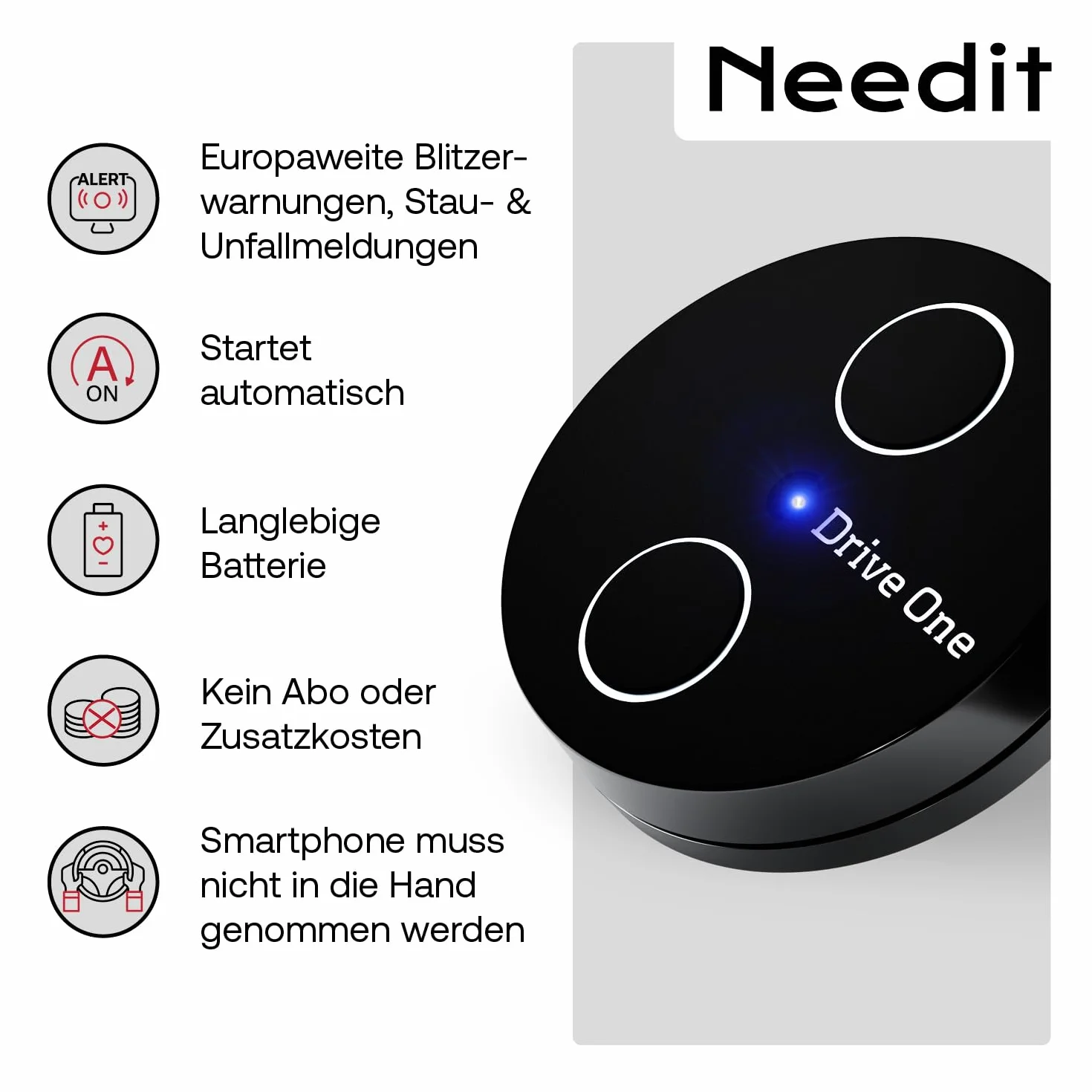 Needit Drive One 2 Verkehrswarner [Neues Modell 2026] - Set inkl. Halterung I Warnt vor Kontrollen und Gefahren im Straßenverkehr I Automatisch aktiv bei Smartphone-Verbindung I Stabil befestigt