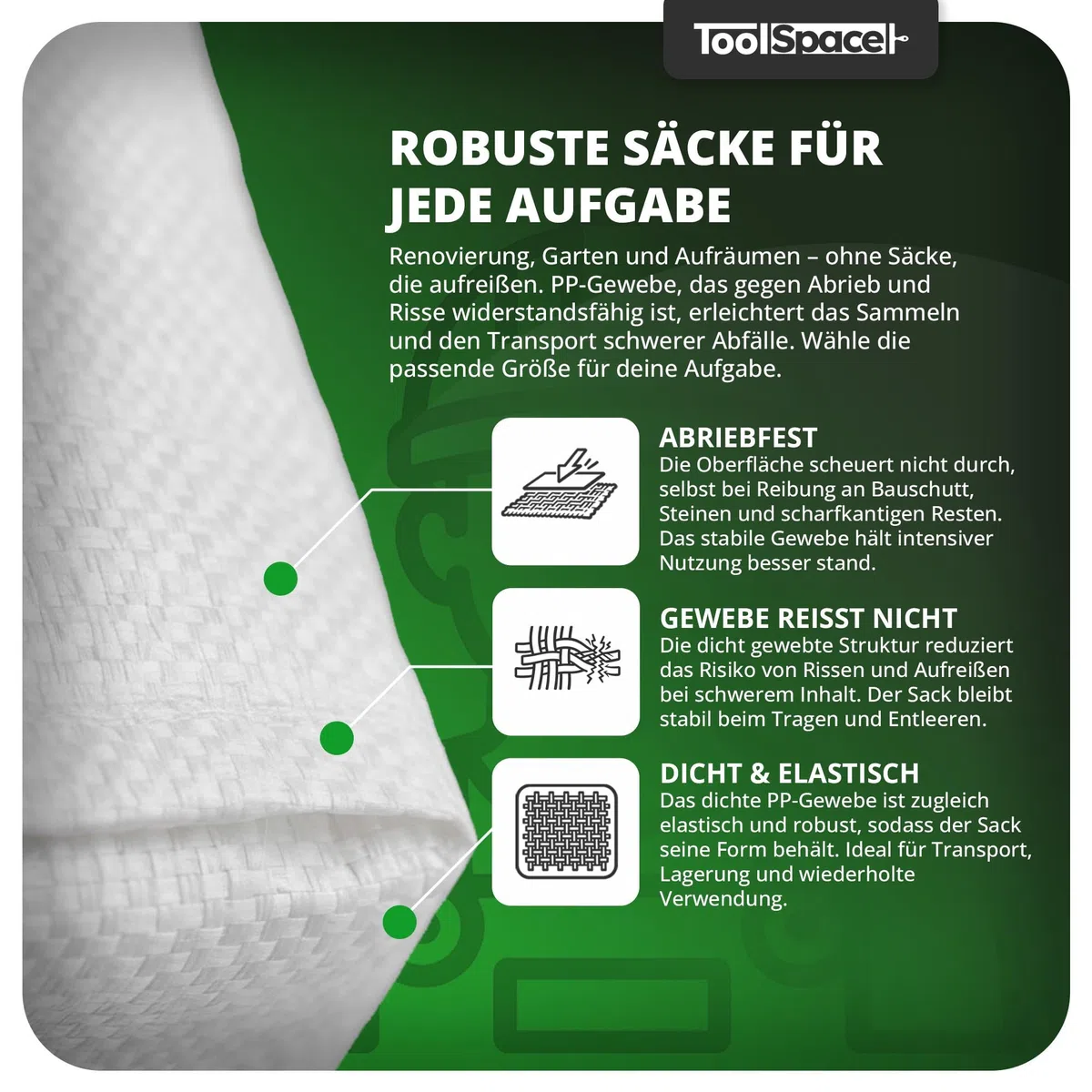 ToolSpace Gewebesack Bauschuttsäcke 20x Getreidesäcke 50kg Säcke 105x65 cm aus robustem Polypropylen Ideal als Sandsäcke Schwergutsäcke Abfallsäcke PP-Gewebesäcke als Kohlensack reißfest Transportsack