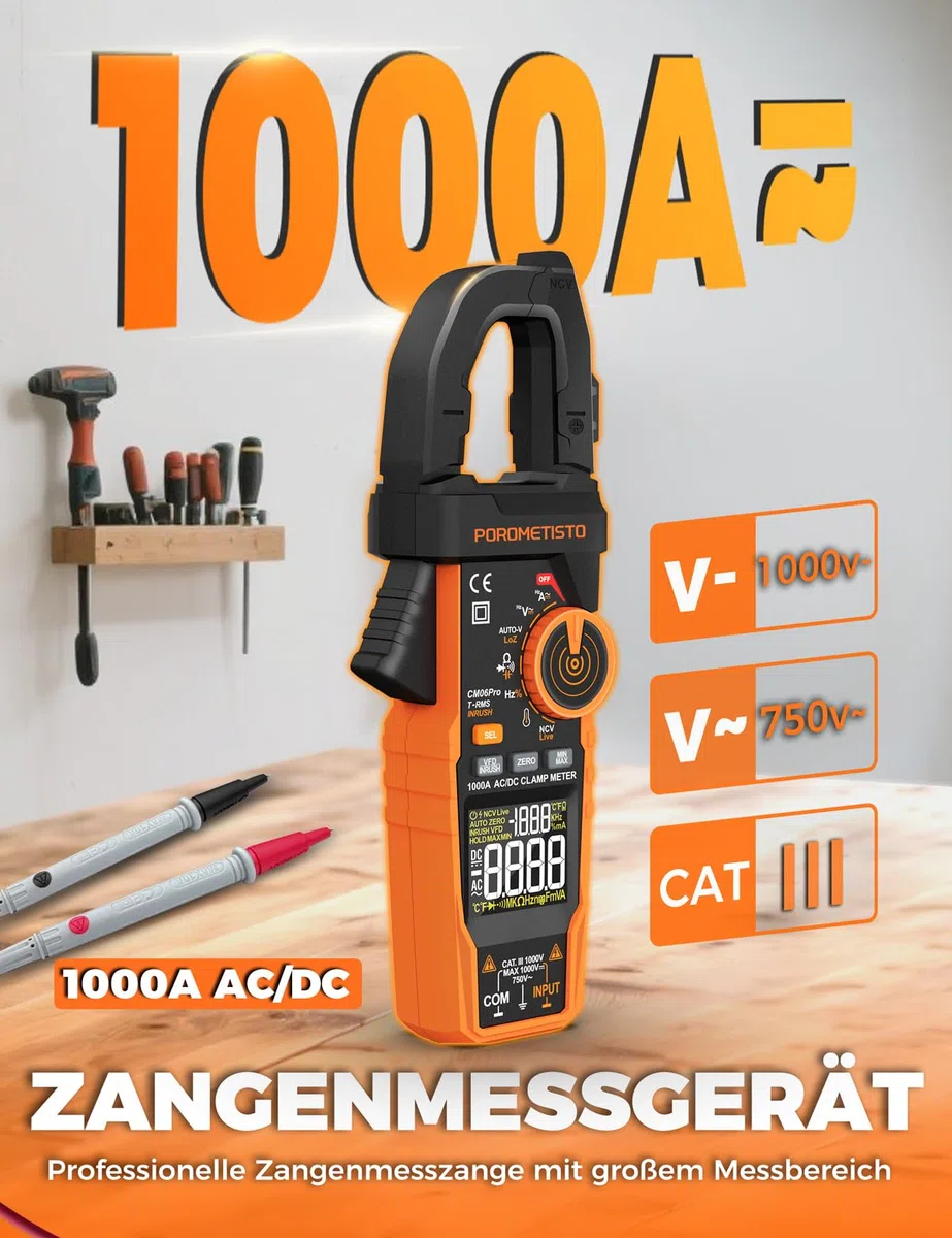 CM06PRO Digitales Strommesszange 6000 Counts True RMS, 1000A AC/DC – mit Einschaltstrommessung & NCV – Multimeter für Strom, Spannung, Widerstand, Kapazität, Temperatur, Leitungserkennung