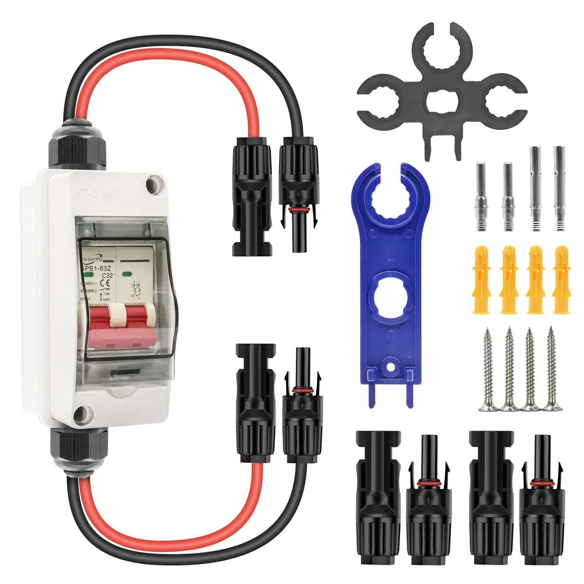 DC Trennschalter PV Anlage,Leitungs schutzschalter PV DC,PV Trennschalter Sicherungsautomat 2polig 32A 500V Mit 260mm Kabel, IP65 Wasserdicht Gehäuse, DC Schutzschalter für PV Anlage Solaranlage