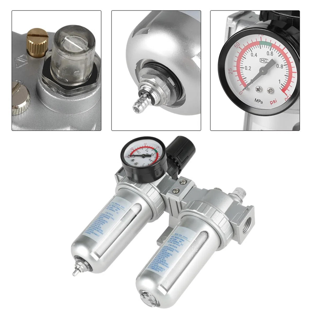 Druckminderer Druckluft, 1/2 Zoll Öl Wasser Regulator mit Manometer, Aluminiumlegierung Luftfilterregler Pneumatischer Druckluftfilterregler, für Druckluftkompressor