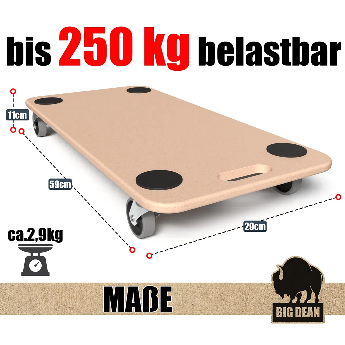 BigDean 3X Möbelroller Transportroller 250kg Rollbrett MDF Möbel Hund Roller