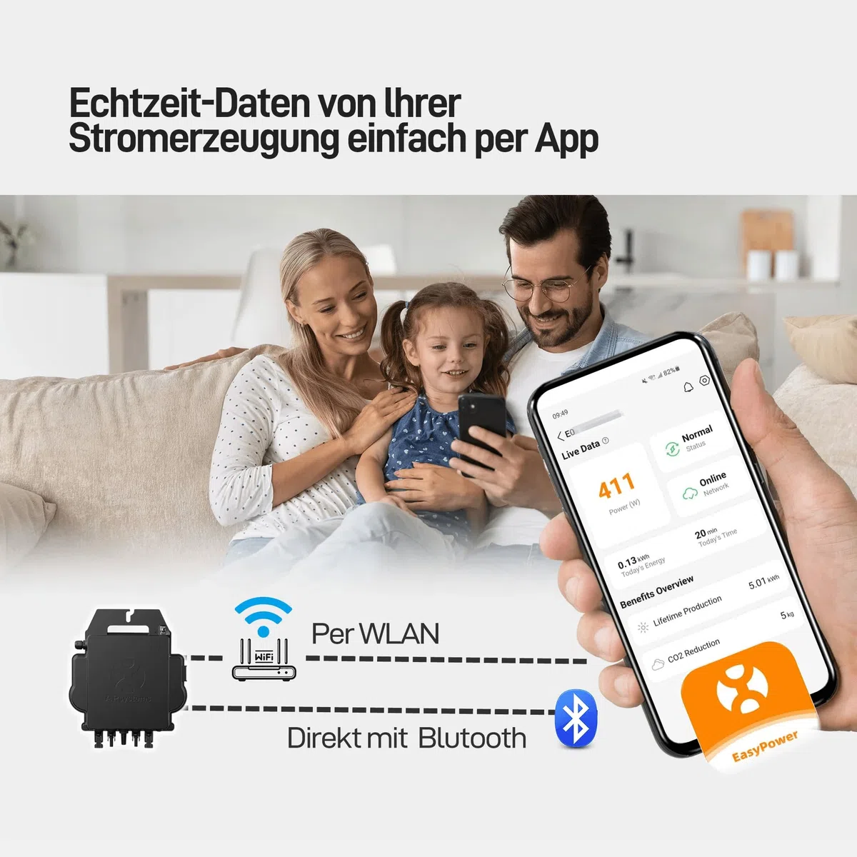 AP Systems Mikro-Wechselrichter 800 W EZ1-M-EU für Balkonkraftwerk, IP67 wetterfest, Plug&Play Installation, 2 MPPT, Bluetooth & WIFI, inkl.5m Anschlusskabel & 4x1m Solar-Verlängerungen Micro Inverter