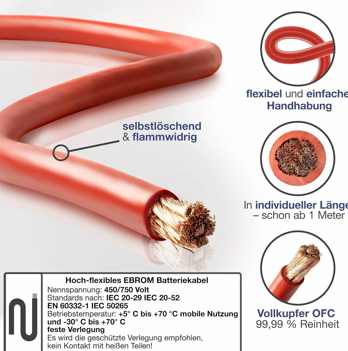 EBROM Hi-Flex Batteriekabel 70 mm² hochflexibel - ROT 70 mm2 - Meterware | Sehr biegsam - Mantel aus PVC (70 ± 5 Shore) - 99,9 % OFC Kupfer - als Pluskabel, Starterkabel, Ladekabel oder ähnliches