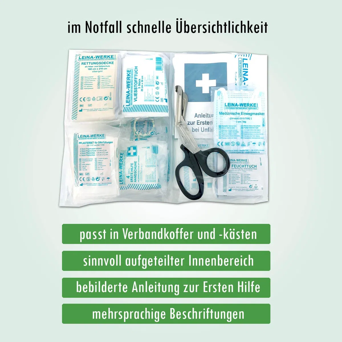 Betriebs-Verbandkasten DIN13157 mit Halterung Made in Germany + -Paket 1- Folienaufkleber -> Sicheitszeichen + Verhalten bei Unfällen + Verhalten im Brandfall