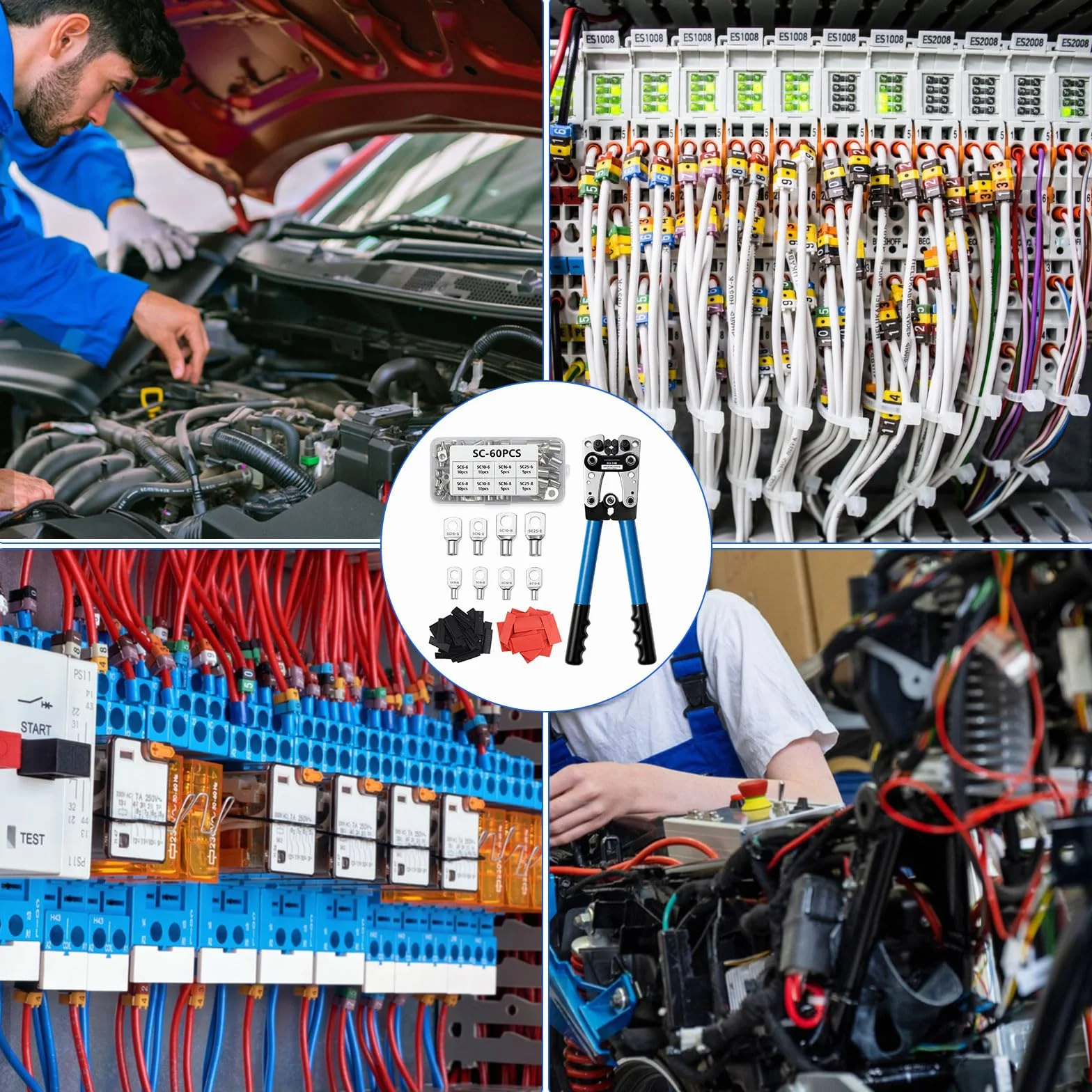 Batteriekabelschuh Crimpzange Set für 10-1/0 AWG (6-50mm²) - Inkl. 60 Kupferringklemmen + 60 Kabelschuhe, 8 Größen - Profi-Crimpwerkzeug für Autobatterie & Elektroinstallation
